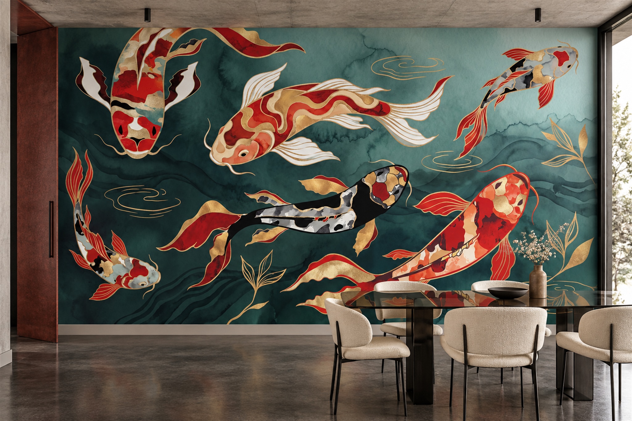 Teal Pattern Decorative Organic Wallpaper Mural Dining-room-wallpaper-murals, Shown In A Dining Room, Peel-and-stick Finish