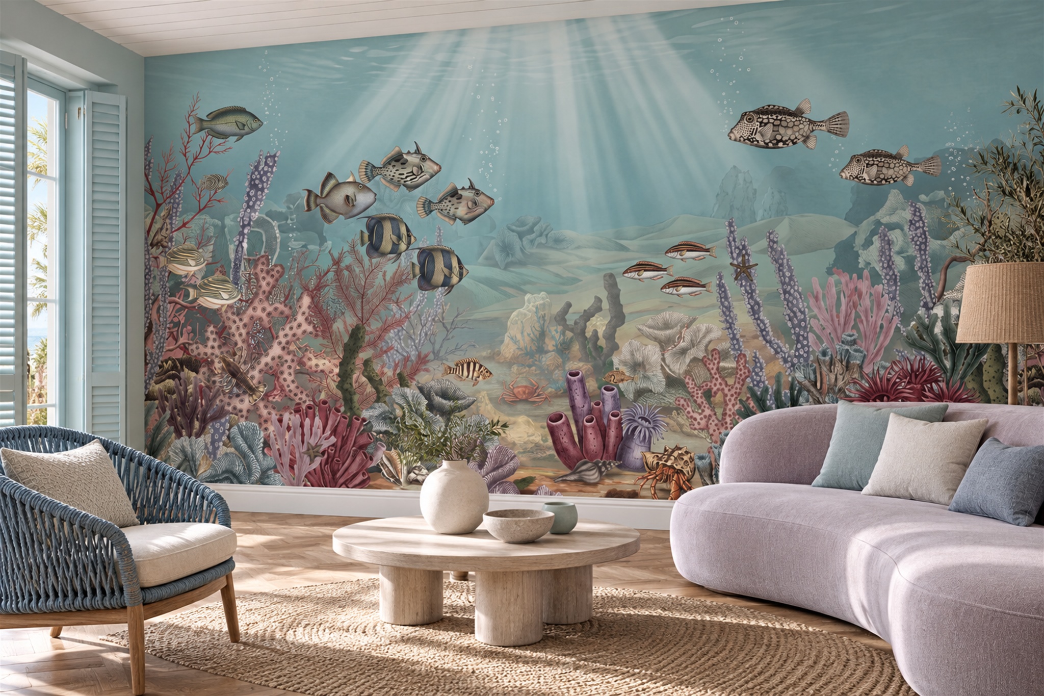 Aqua Ocean Scenic Wallpaper Mural Living-room-wallpaper-murals, Peel-and-stick Finish