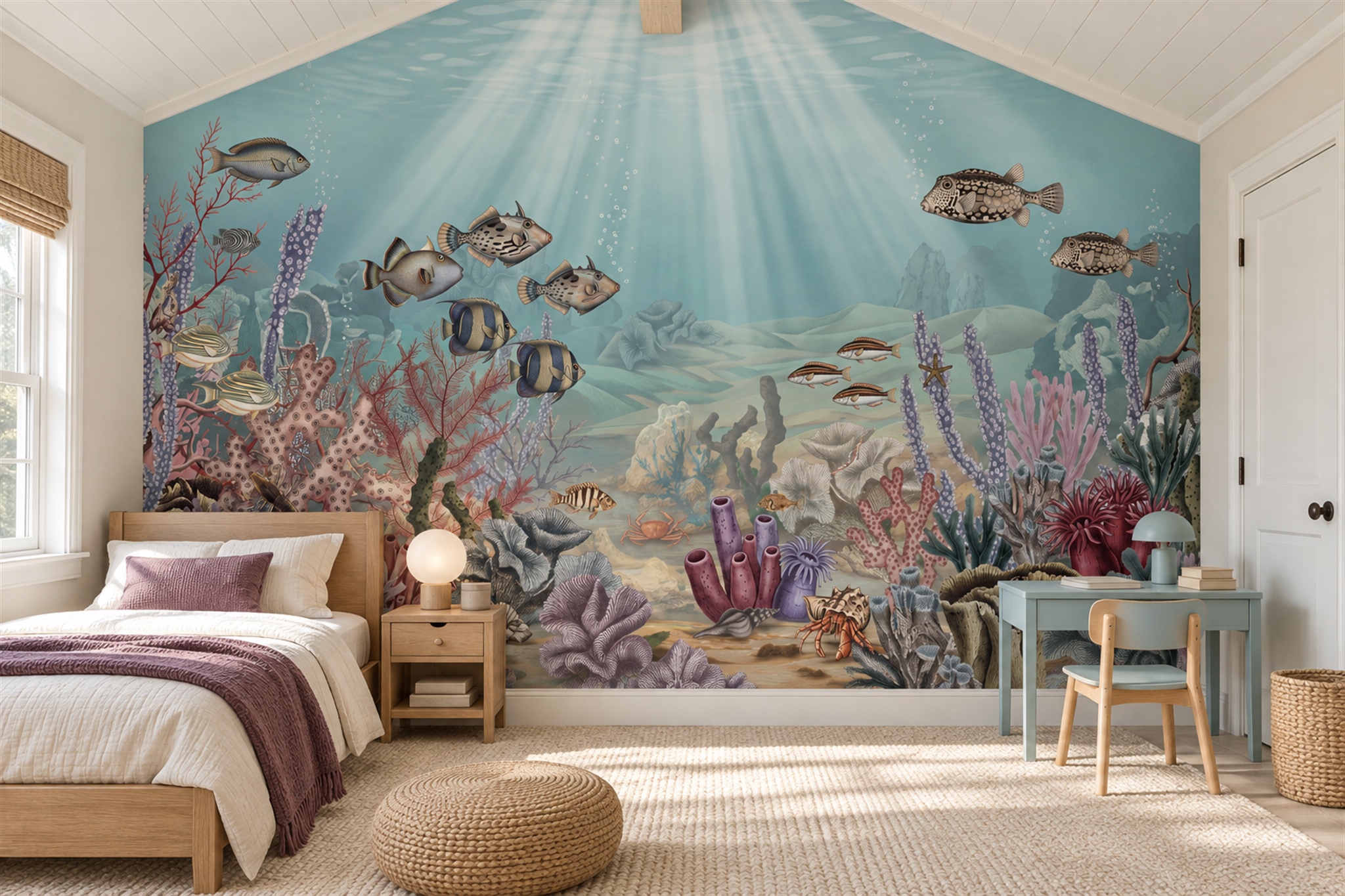 Aqua Ocean Scenic Wallpaper Mural Accent-wall-wallpaper-murals, Peel-and-stick Finish
