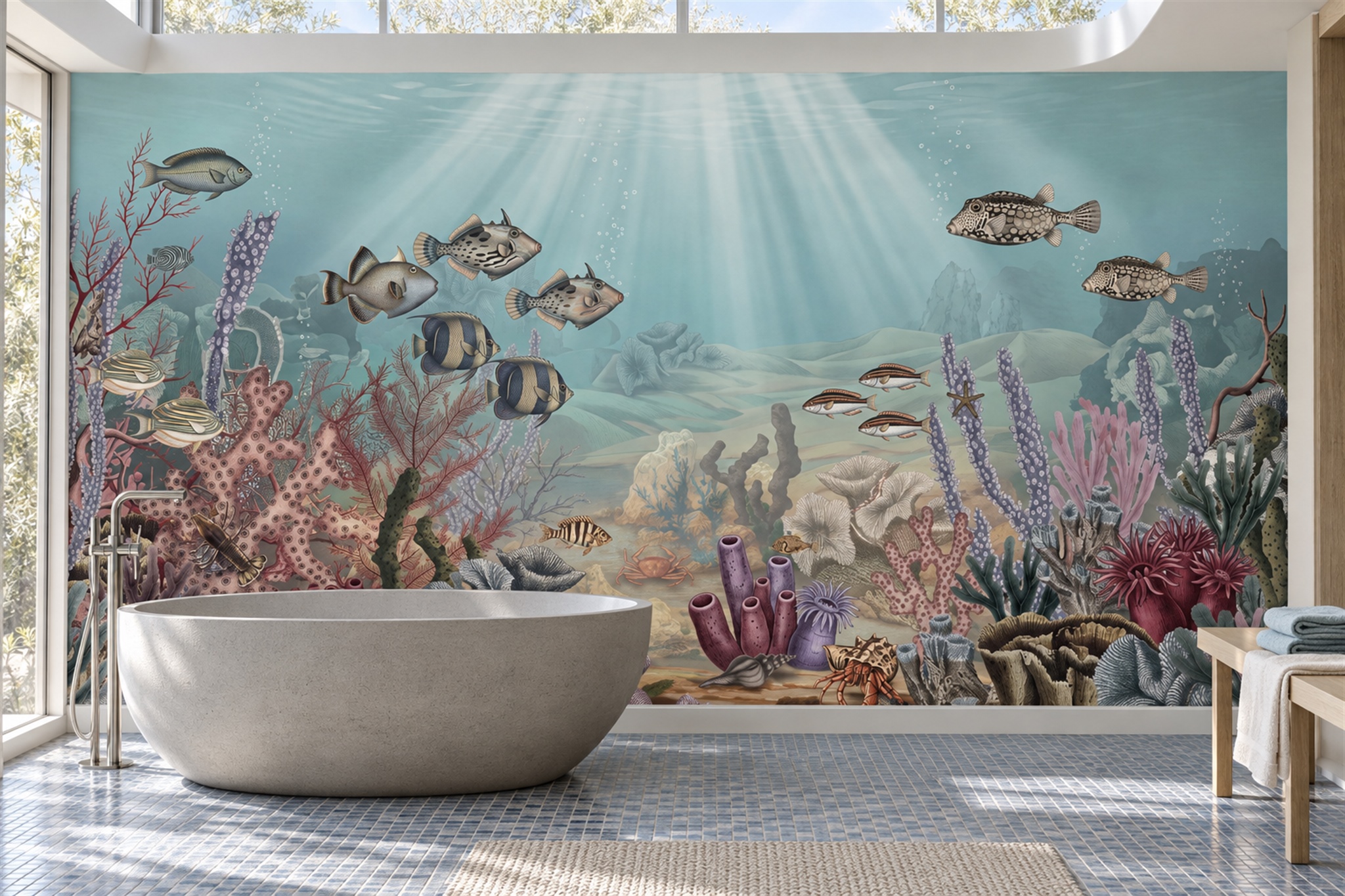 Aqua Ocean Scenic Wallpaper Mural Living-room-wallpaper-murals, Peel-and-stick Finish