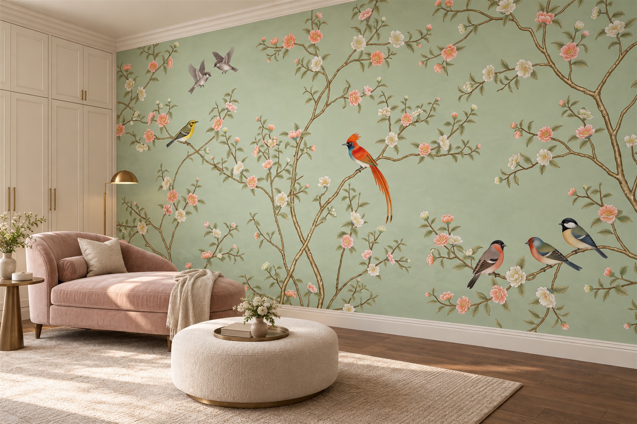 Sage Blossom Botanical Decorative Wallpaper Mural Accent-wall-wallpaper-murals, Peel-and-stick Finish