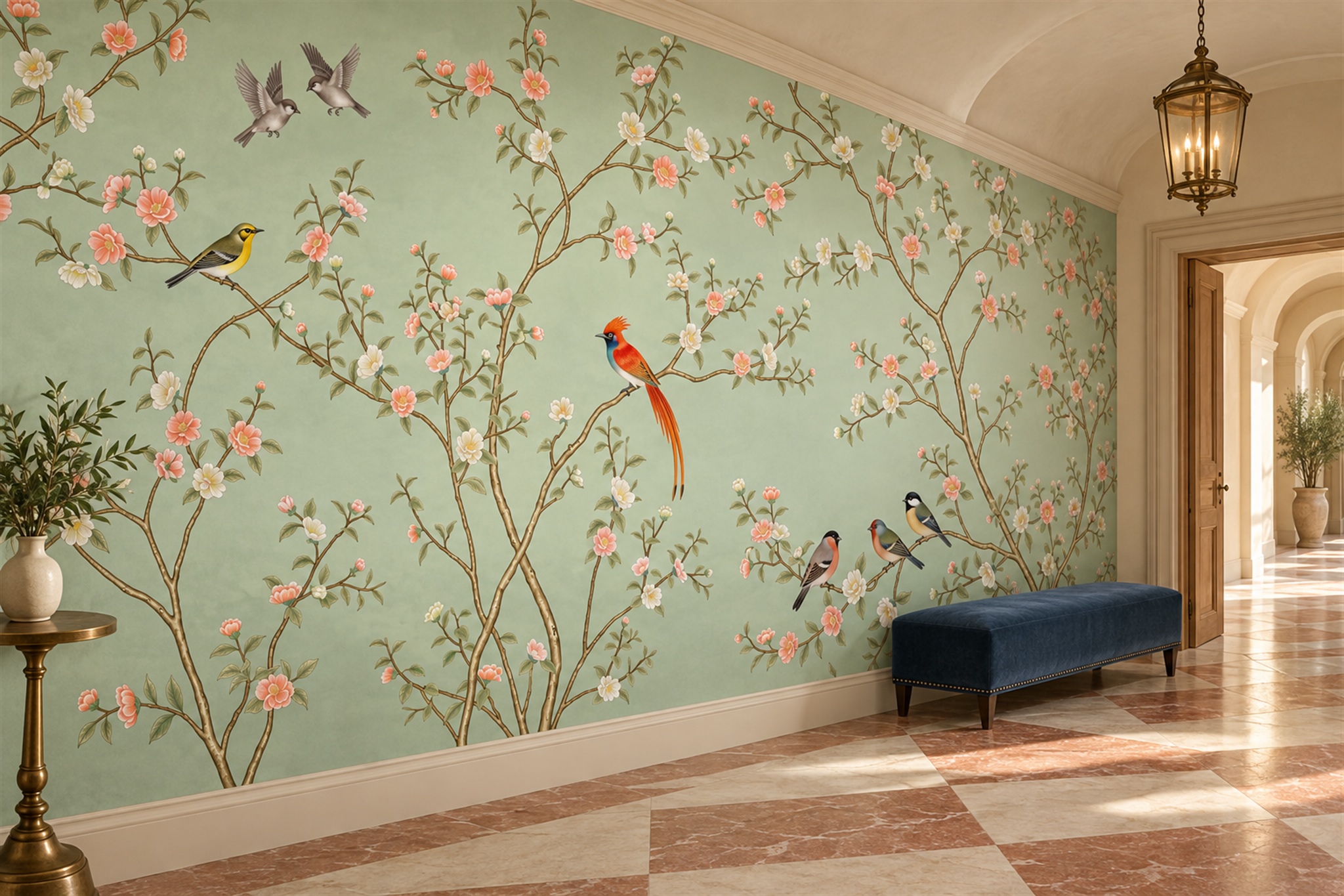 Sage Blossom Branches With Colourful Birds Wallpaper Mural — Installed Wallpaper Mural In A Hallway, Peel-and-stick Finish