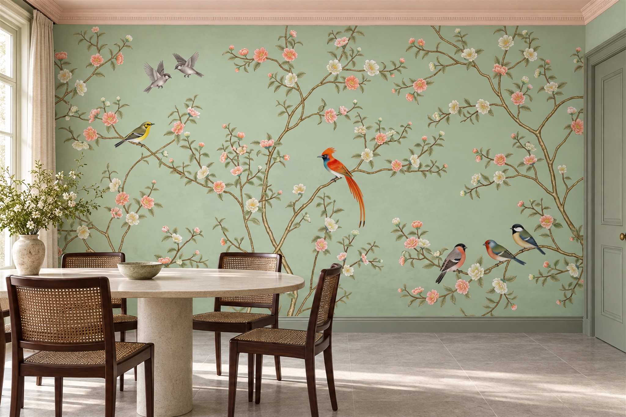 Sage Blossom Botanical Decorative Wallpaper Mural Dining-room-wallpaper-murals, Shown In A Dining Room, Peel-and-stick Finish