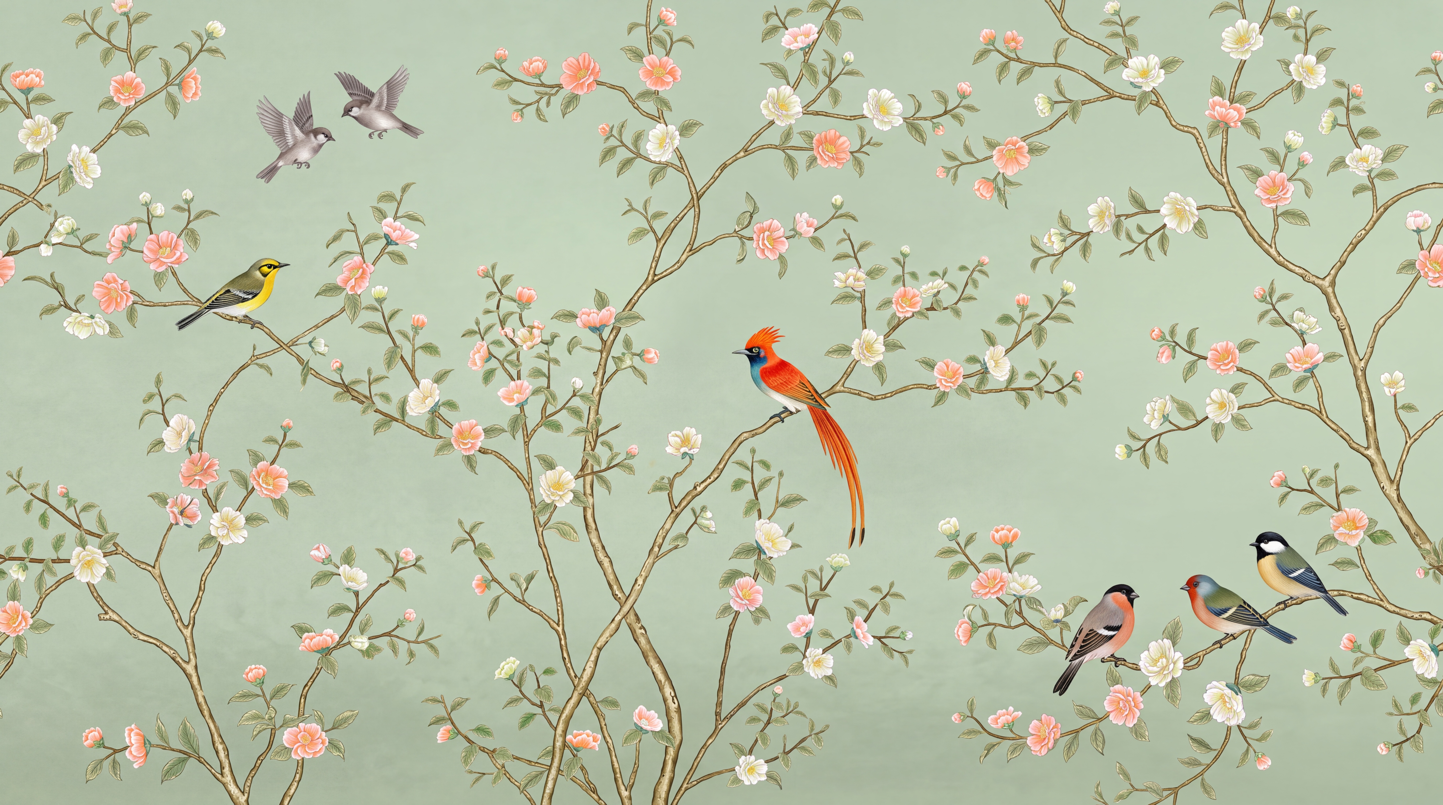 Sage Blossom Botanical Decorative Wallpaper Mural, Peel-and-stick Finish