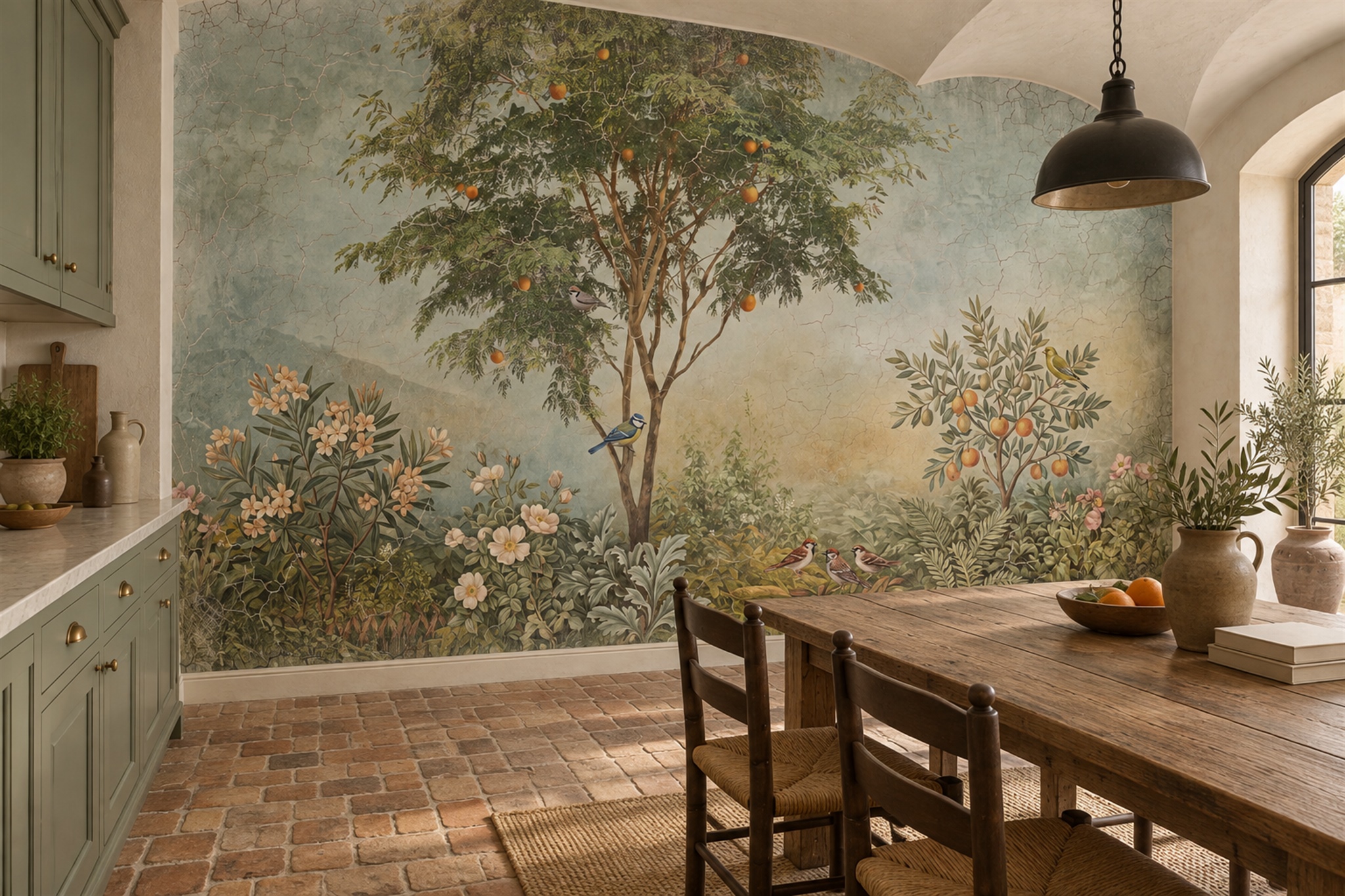 Olive Orchard Tree With Oranges, Flowers And Birds Wallpaper Mural — Wallpaper Mural Design, Peel-and-stick Finish