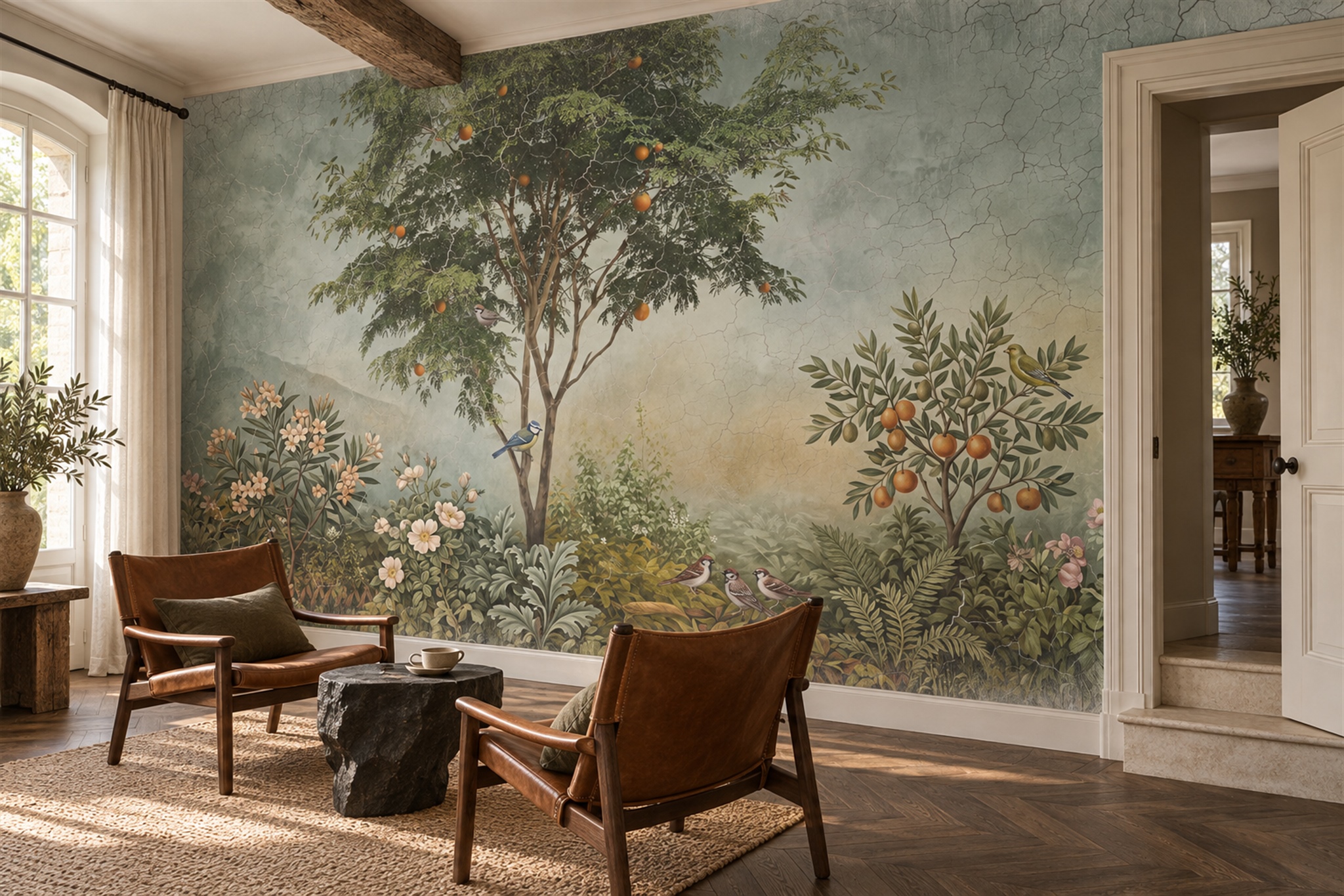 Olive Pattern Decorative Organic Wallpaper Mural Home-office-wallpaper-murals, Shown In A Home Office, Peel-and-stick Finish