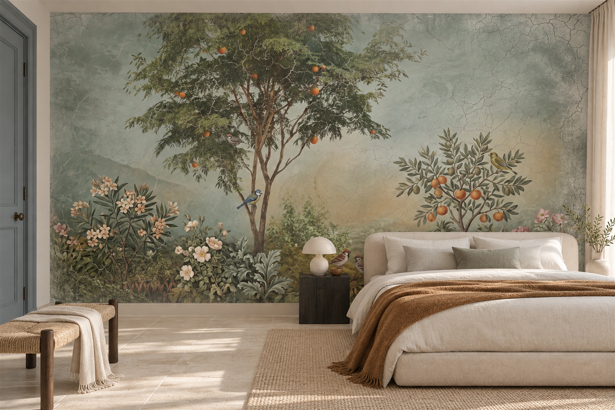 Olive Pattern Decorative Organic Wallpaper Mural Bedroom-wallpaper-murals, Peel-and-stick Finish