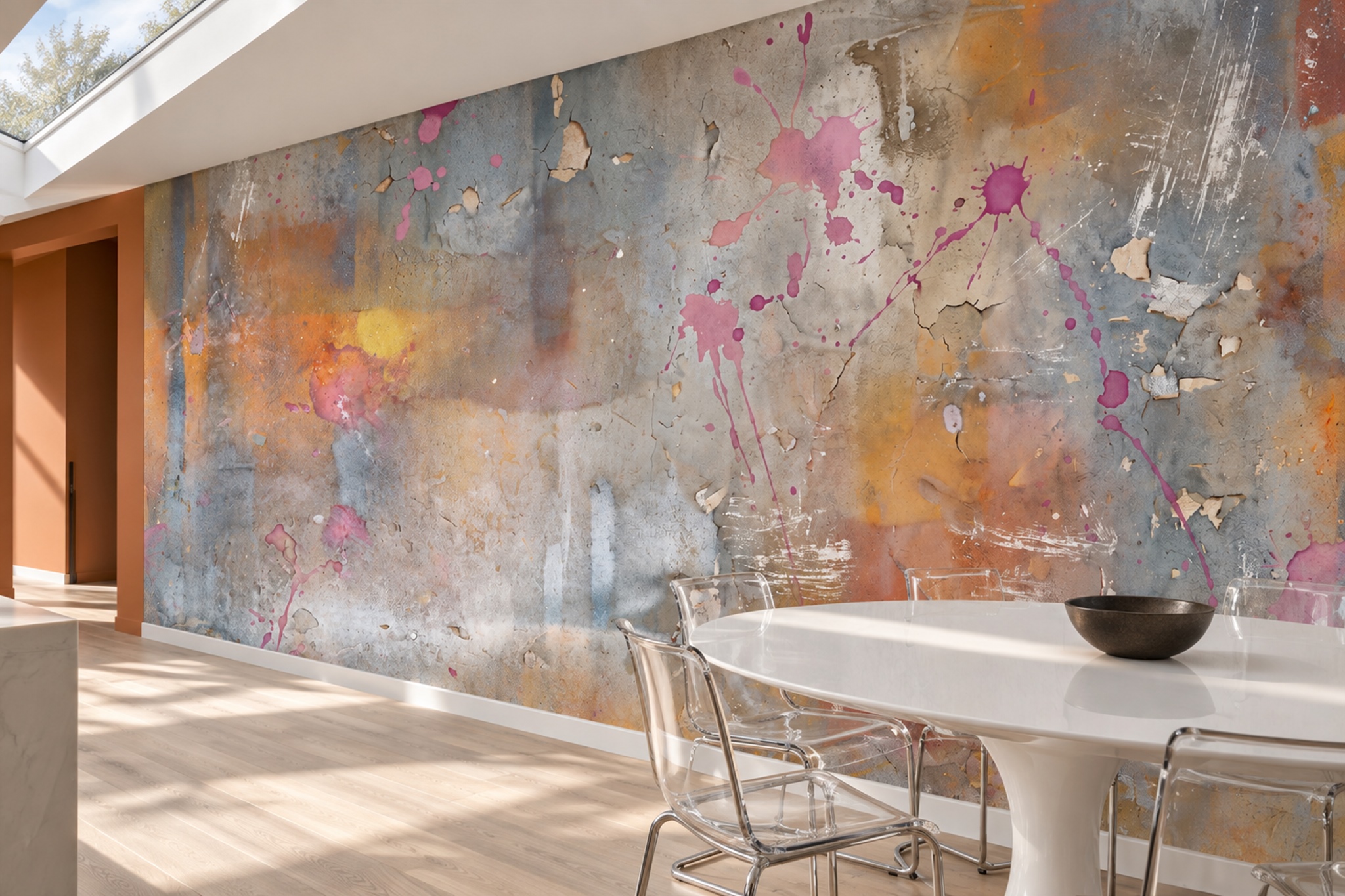 Orange Plaster Decorative Wallpaper Mural Dining-room-wallpaper-murals, Shown In A Dining Room, Peel-and-stick Finish