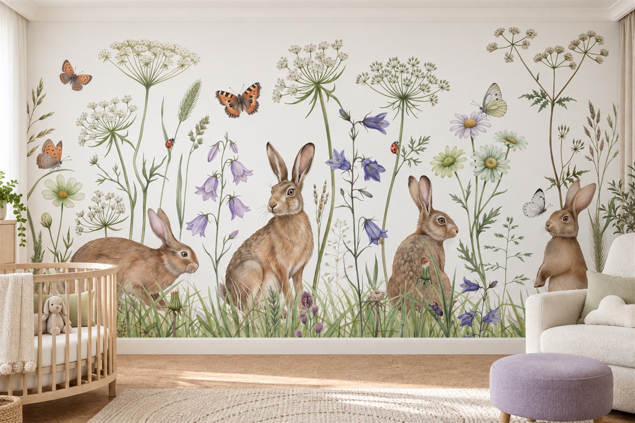 Nursery with rabbits and meadow flowers on the mural wall behind a wooden cot