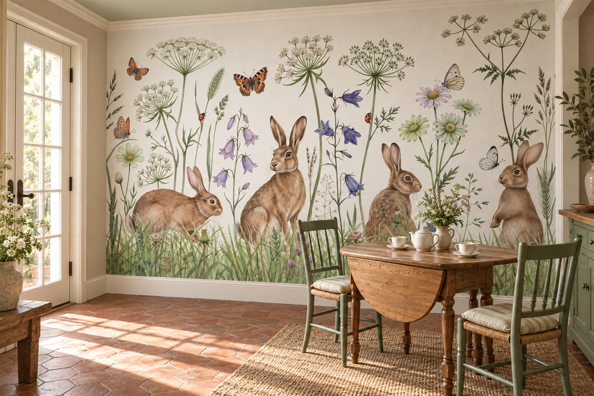 Green Rabbit Wallpaper Mural, Peel-and-stick Finish