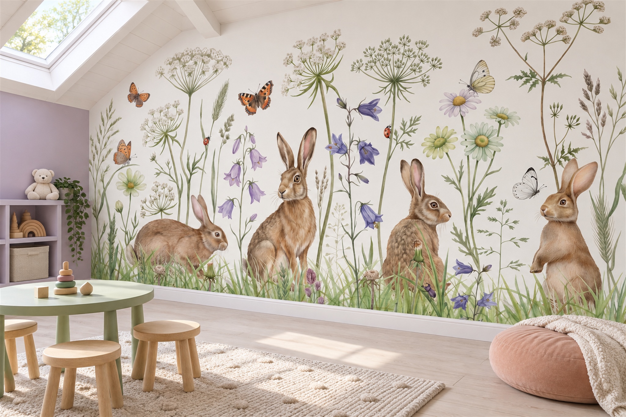 Green Rabbit Wallpaper Mural, Peel-and-stick Finish