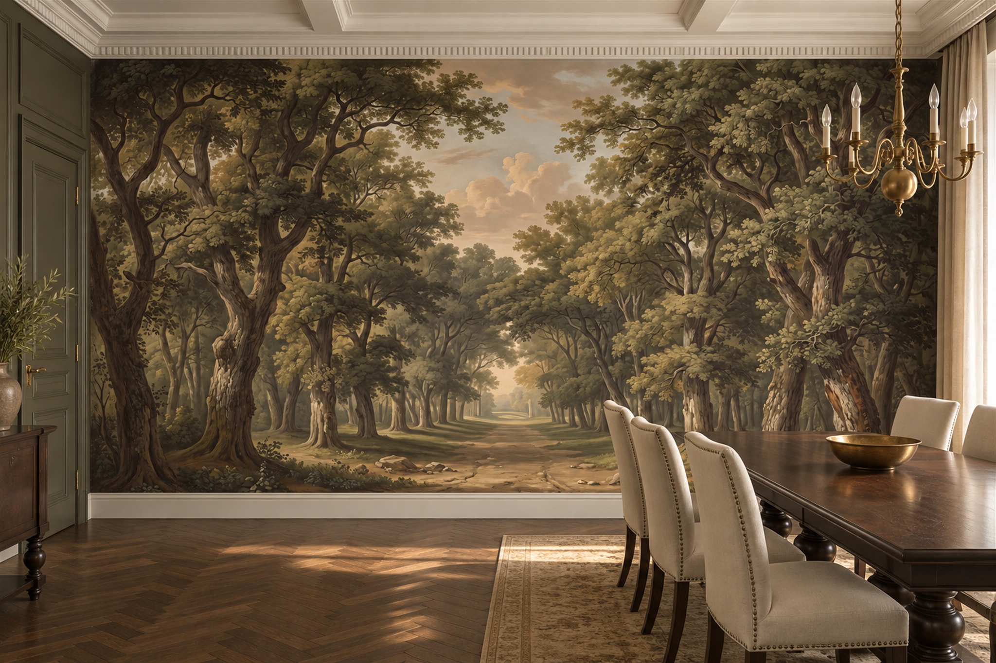 Olive Forest Scenic Wallpaper Mural Dining-room-wallpaper-murals, Shown In A Dining Room, Peel-and-stick Finish