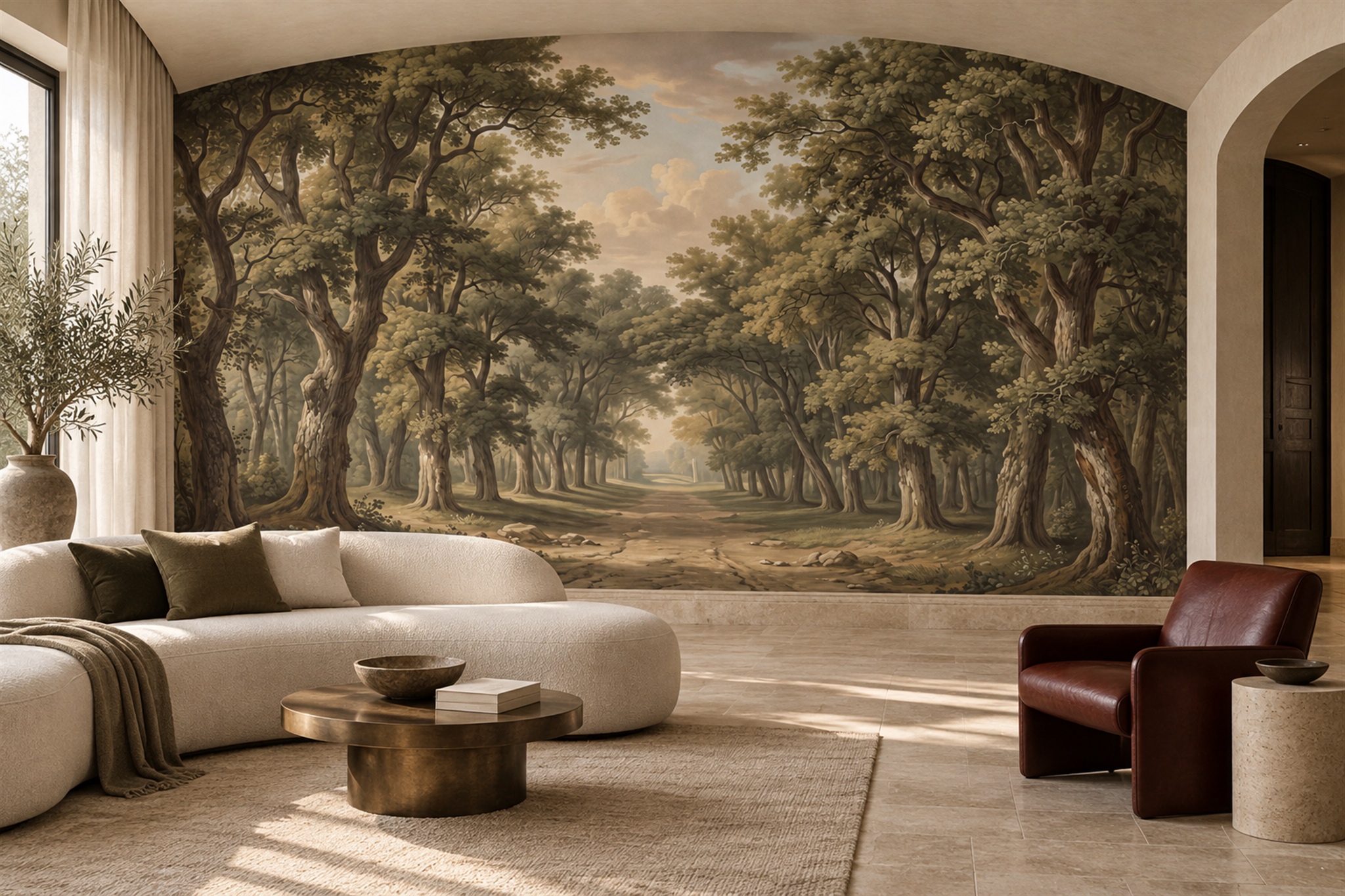 Olive Woodland Avenue And Forest Path Wallpaper Mural — Wallpaper Mural Design, Peel-and-stick Finish