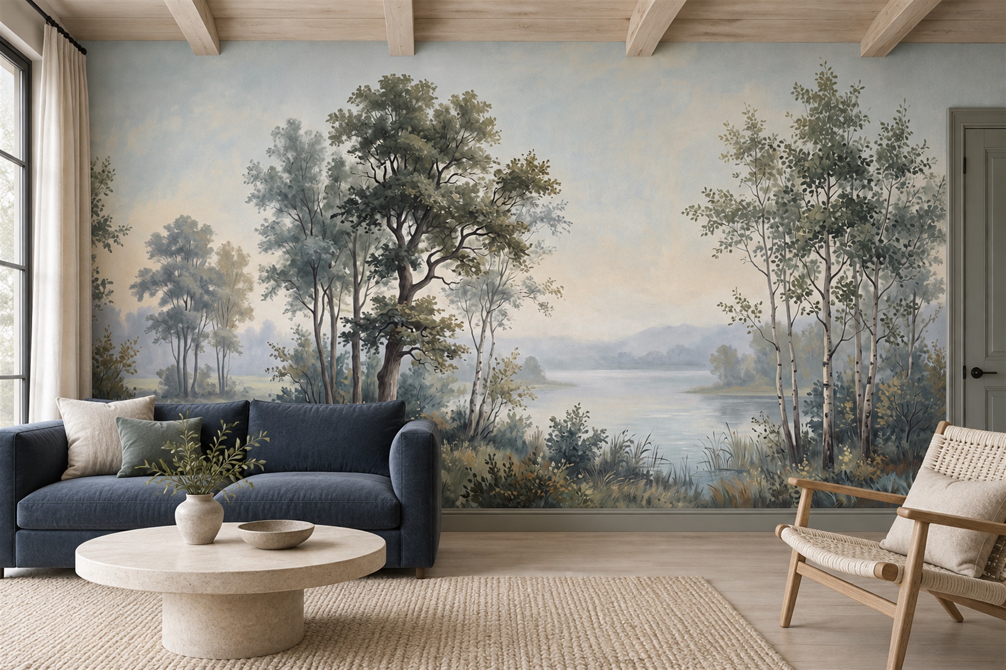 Misty Lakeside Woodland With Framing Trees Wallpaper Mural — Wallpaper Mural Design, Peel-and-stick Finish