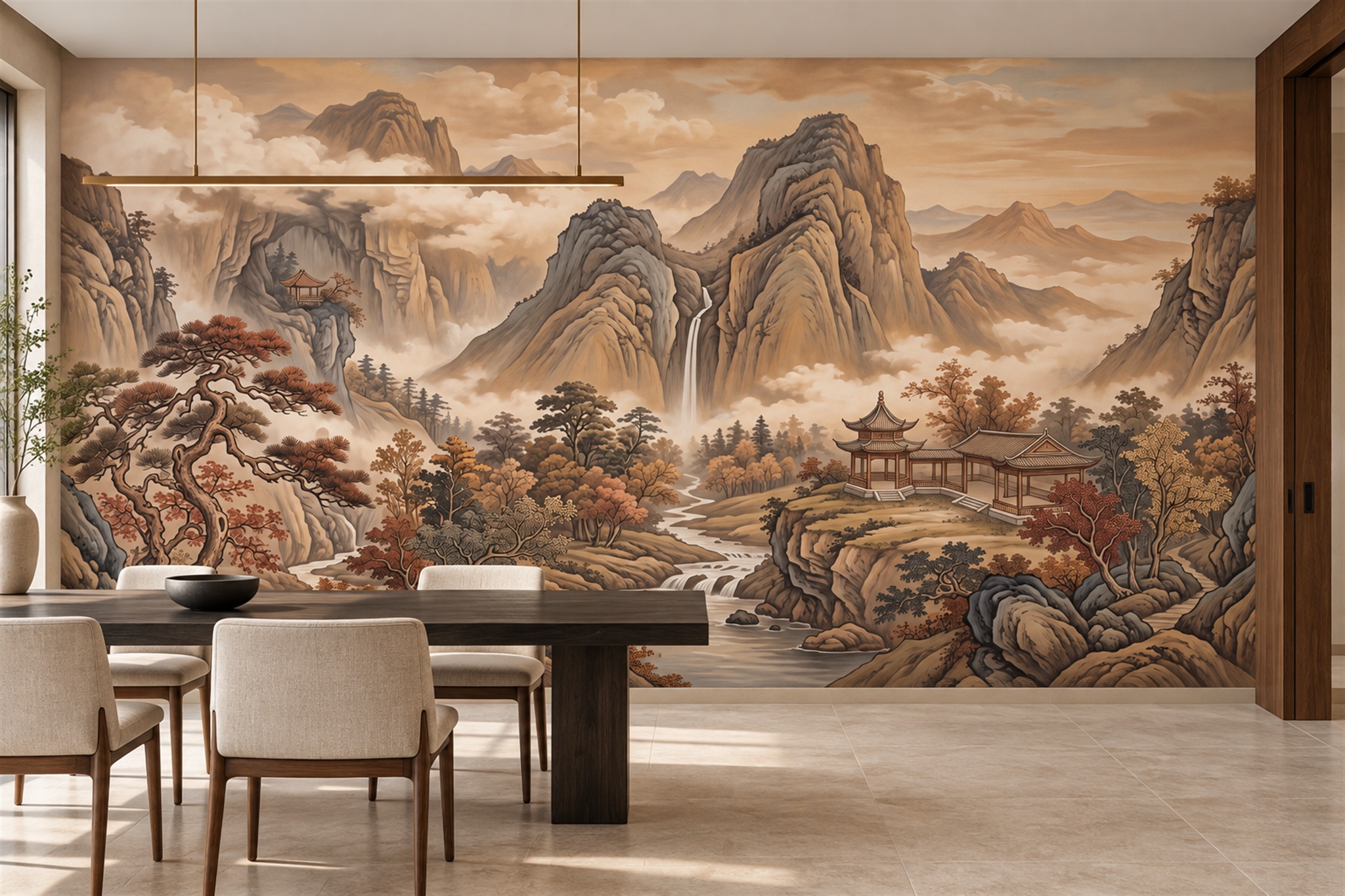 Ochre Mountain Scenic Wallpaper Mural Dining-room-wallpaper-murals, Shown In A Dining Room, Peel-and-stick Finish