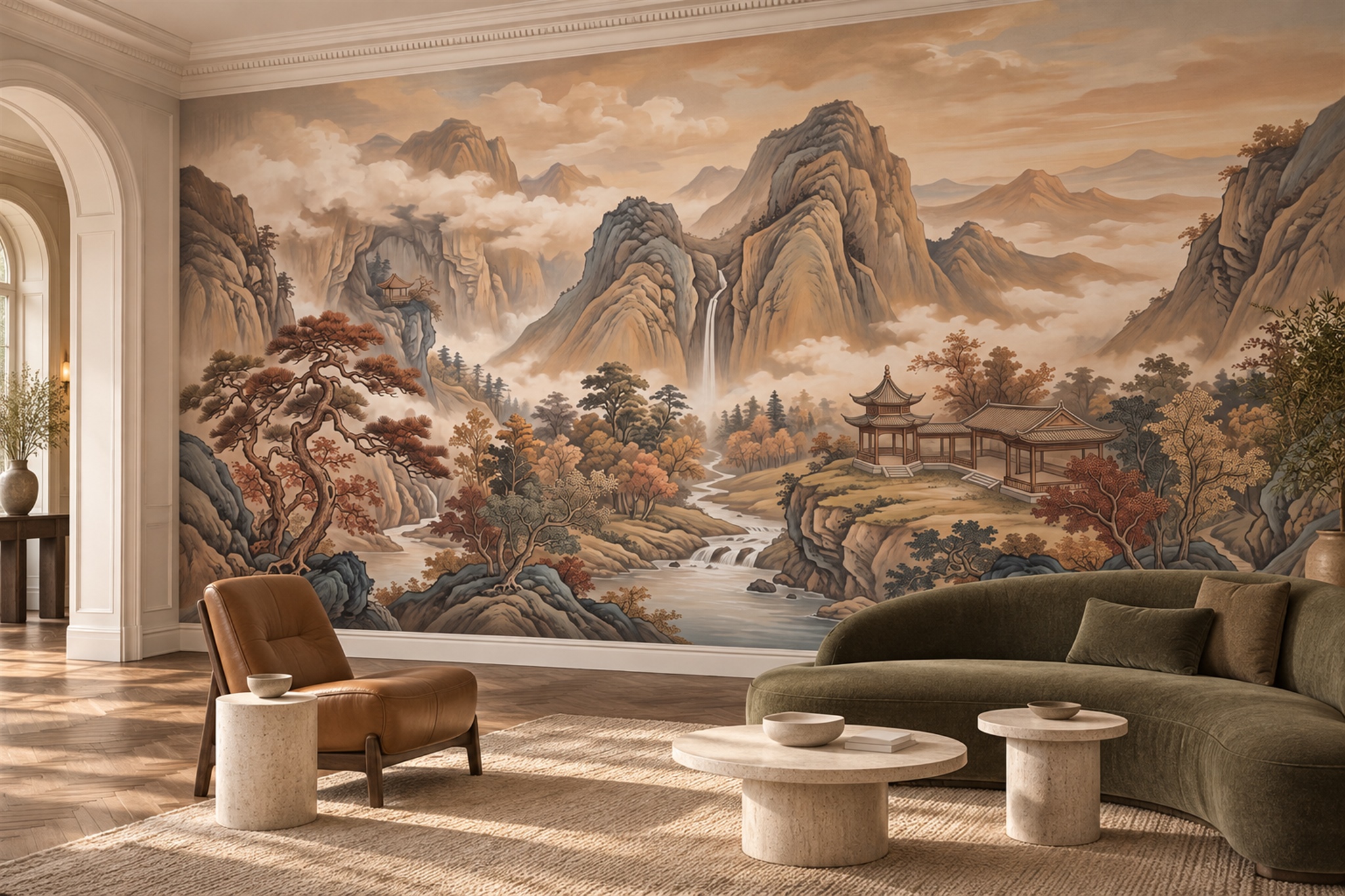 Ochre Mountain Scenic Wallpaper Mural Accent-wall-wallpaper-murals, Peel-and-stick Finish
