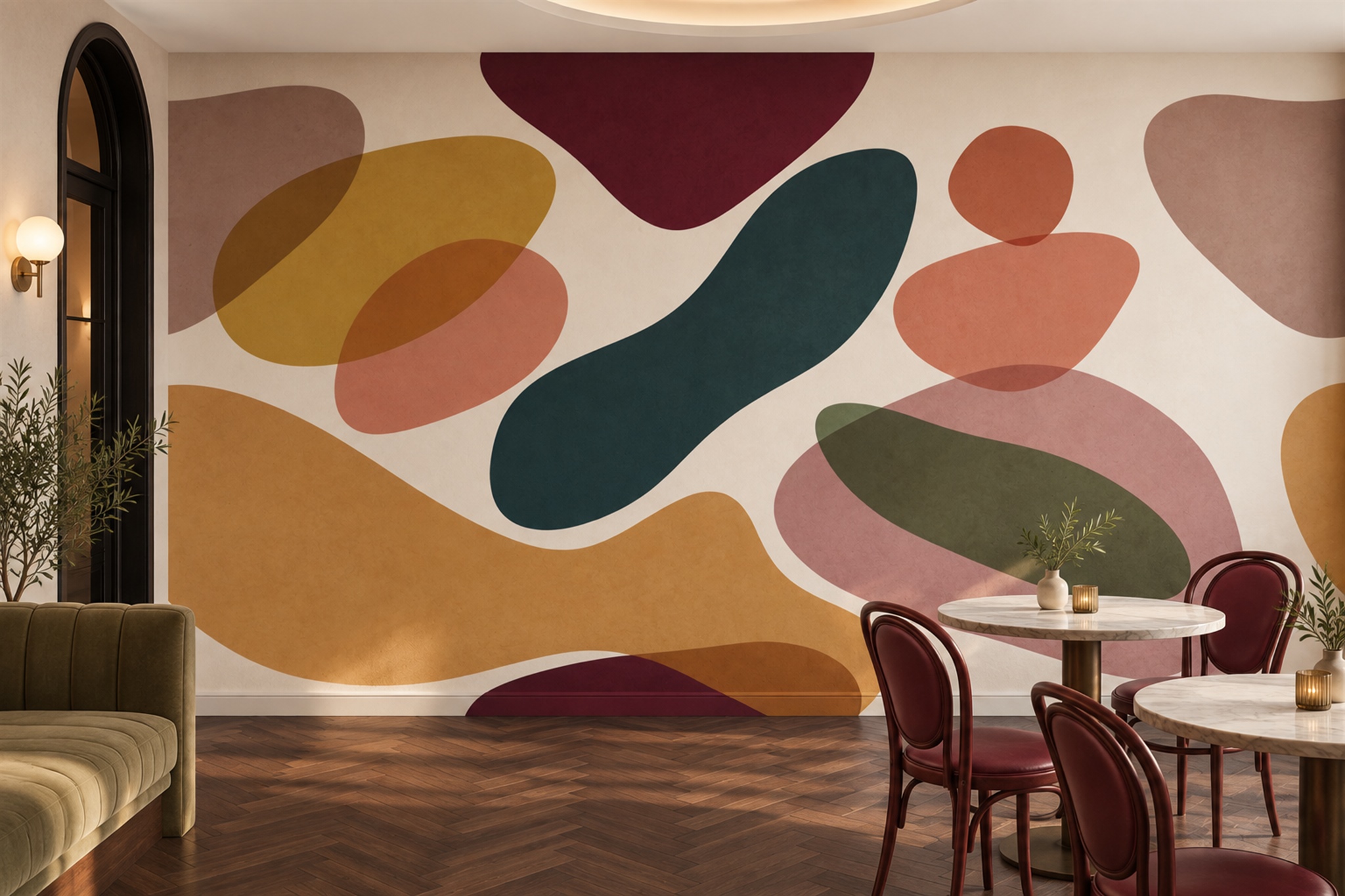 Clay Shaped Abstract Wallpaper Mural Dining-room-wallpaper-murals, Shown In A Dining Room, Peel-and-stick Finish