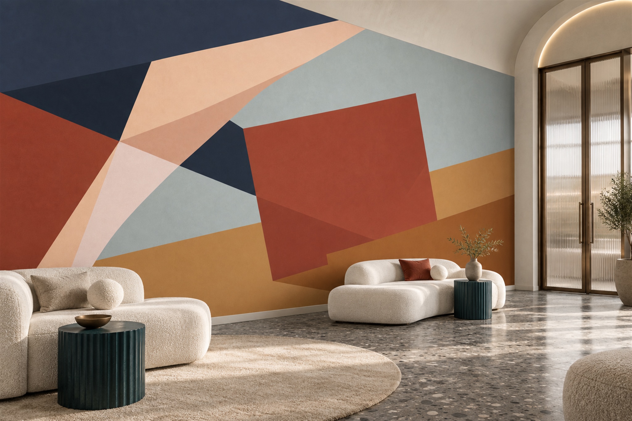 Rust And Navy Overlapping Geometric Blocks Wallpaper Mural — Wallpaper Mural Design, Peel-and-stick Finish