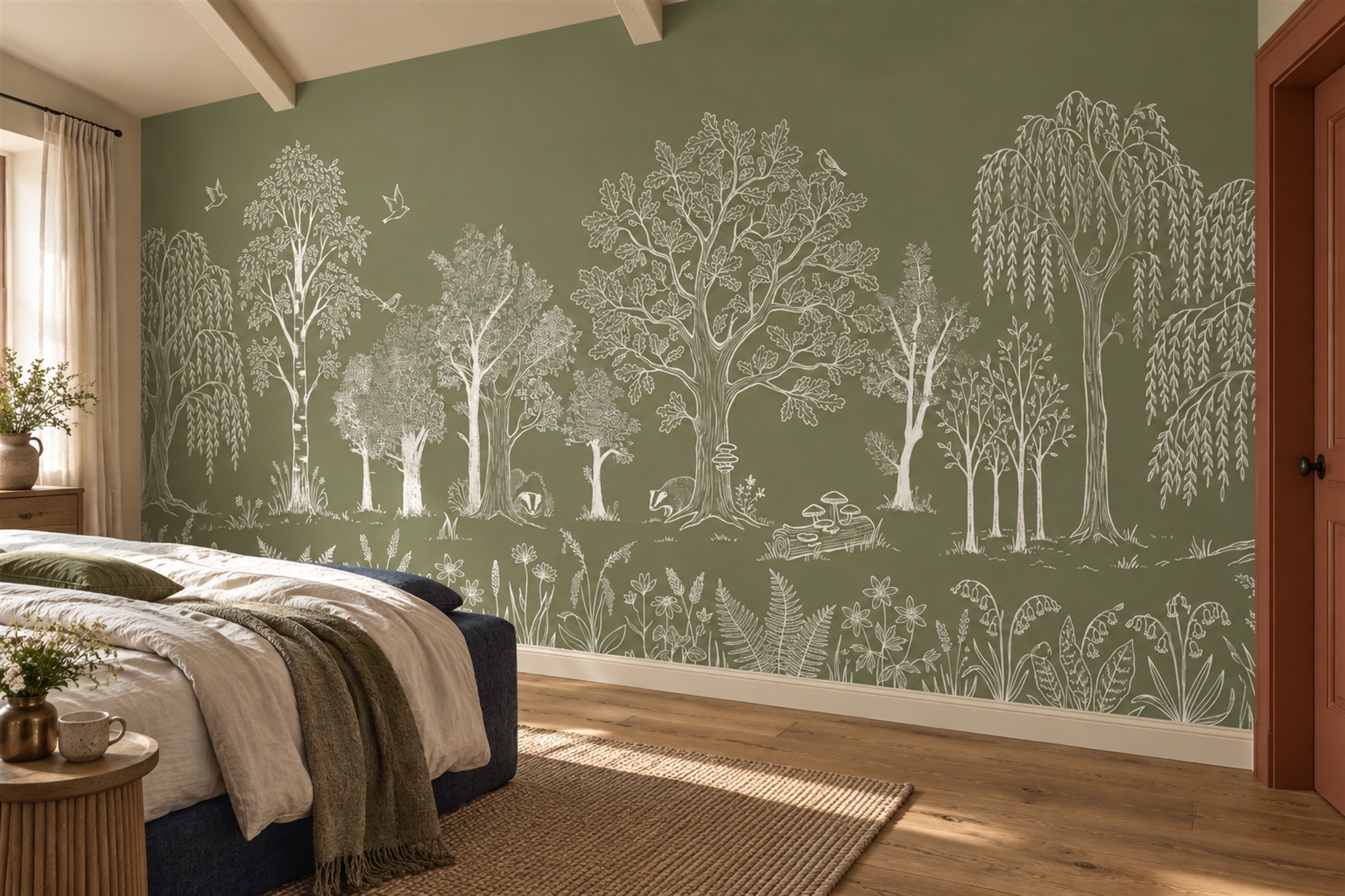 Olive Woodland Line Art With Birds And Forest Floor Details Wallpaper Mural — Close-up Wallpaper Surface Detail In A Bedroom, Peel-and-stick Finish