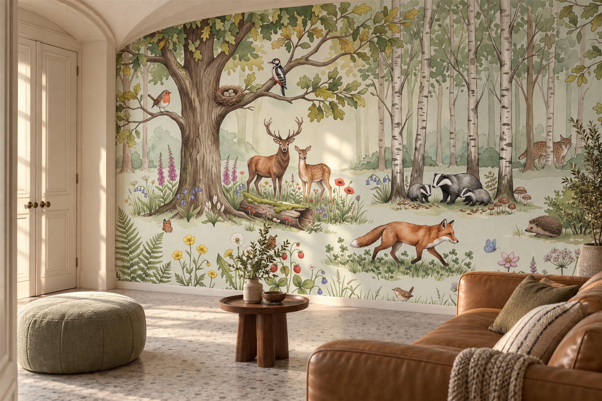 Green Woodland Scenic Wallpaper Mural Accent-wall-wallpaper-murals, Peel-and-stick Finish