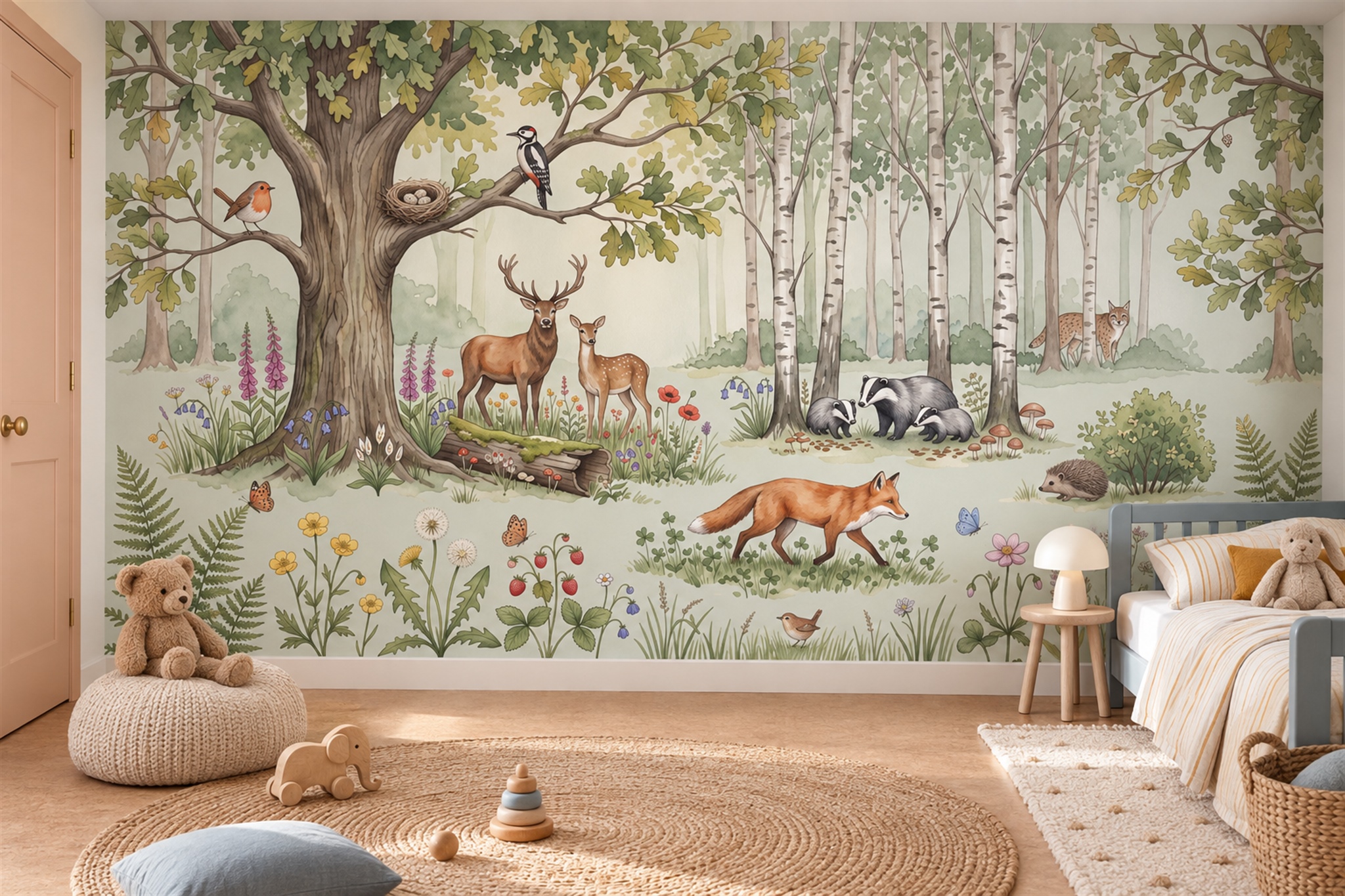 Illustrated Woodland Wildlife With Deer, Fox And Badgers Wallpaper Mural — Wallpaper Mural Design, Peel-and-stick Finish