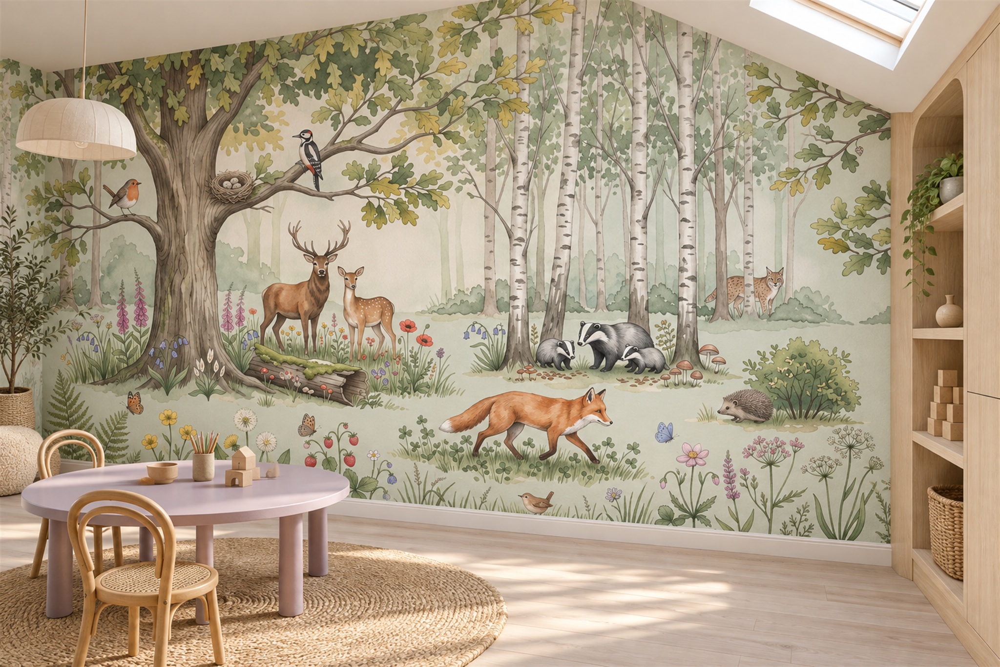 Green Woodland Scenic Wallpaper Mural Kids-room-wallpaper-murals, Peel-and-stick Finish