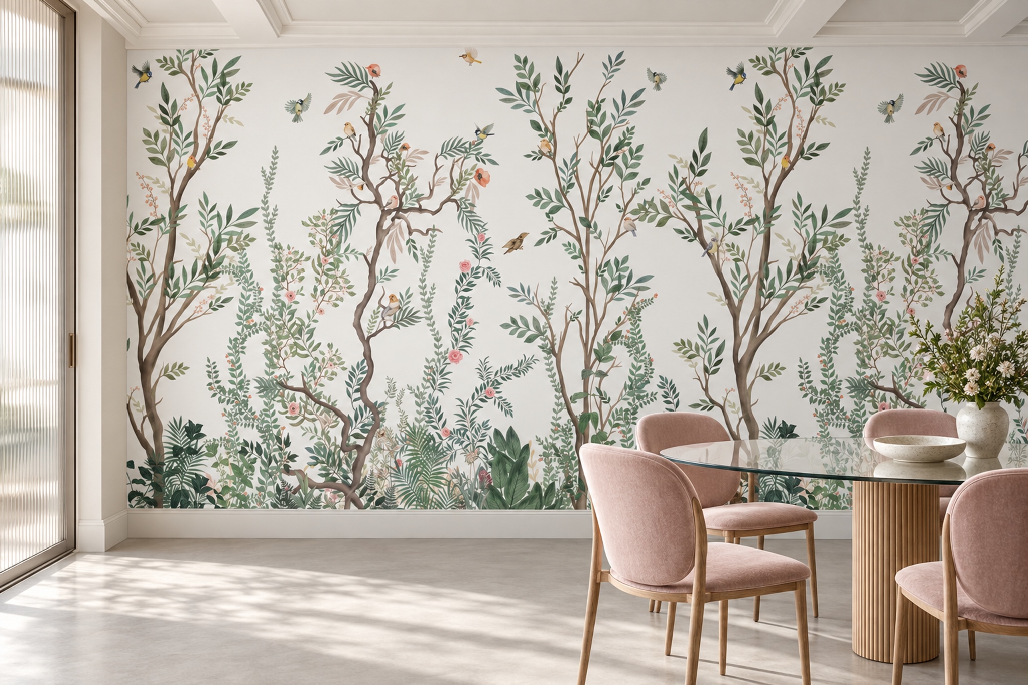 Sage Pattern Decorative Wallpaper Mural Layered Painterly Wallpaper Dining-room-wallpaper-murals, Shown In A Dining Room, Peel-and-stick Finish