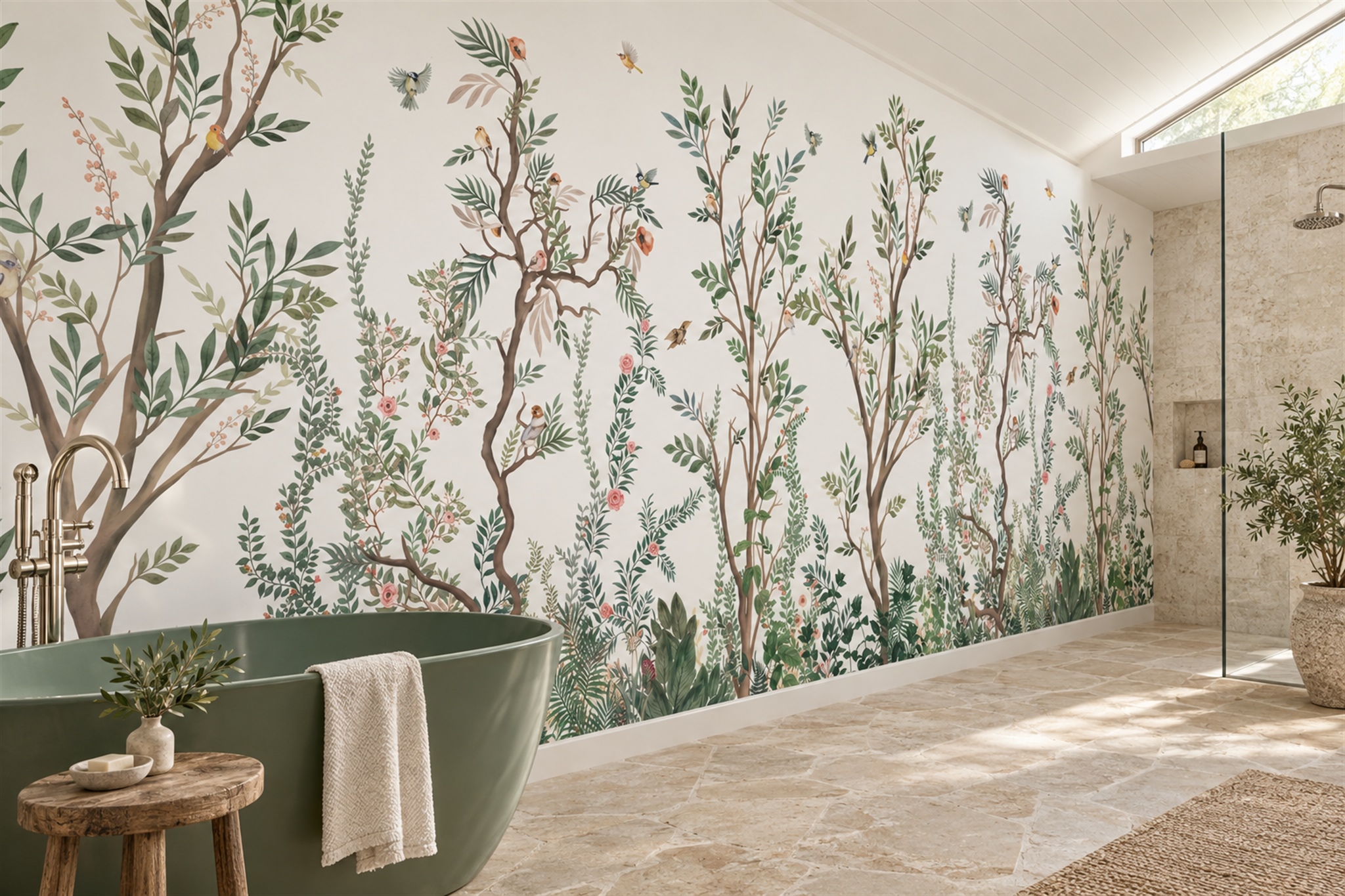 Sage Green Branches And Small Birds Wallpaper Mural — Wallpaper Mural Design, Peel-and-stick Finish