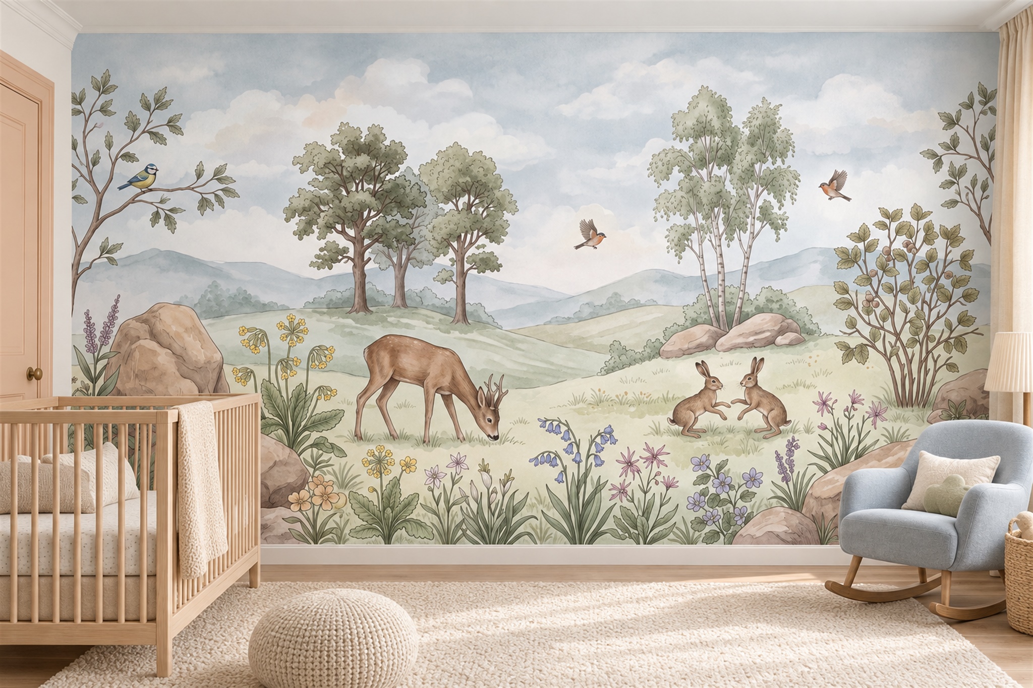 Sage Deer Illustrated Decorative Wallpaper Mural Nursery-wallpaper-murals, Peel-and-stick Finish