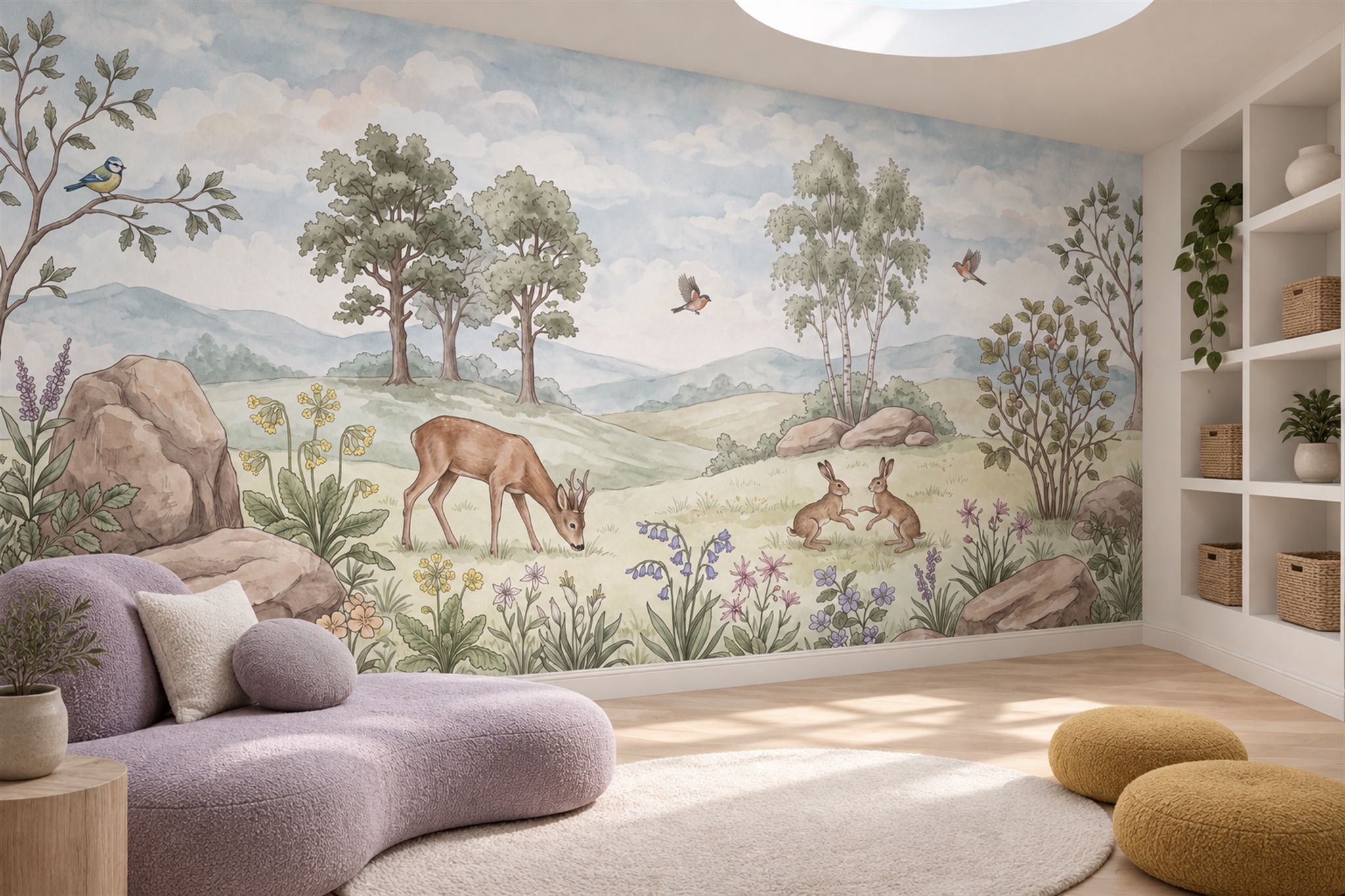 Sage Deer Illustrated Decorative Wallpaper Mural Accent-wall-wallpaper-murals, Peel-and-stick Finish