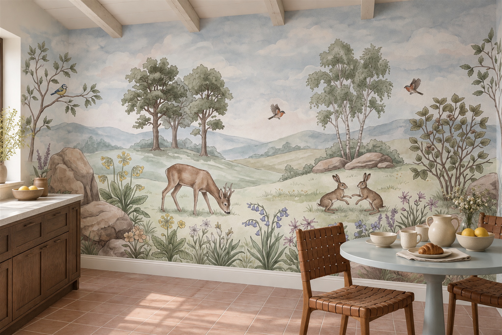 Sage Deer Illustrated Decorative Wallpaper Mural Dining-room-wallpaper-murals, Shown In A Dining Room, Peel-and-stick Finish
