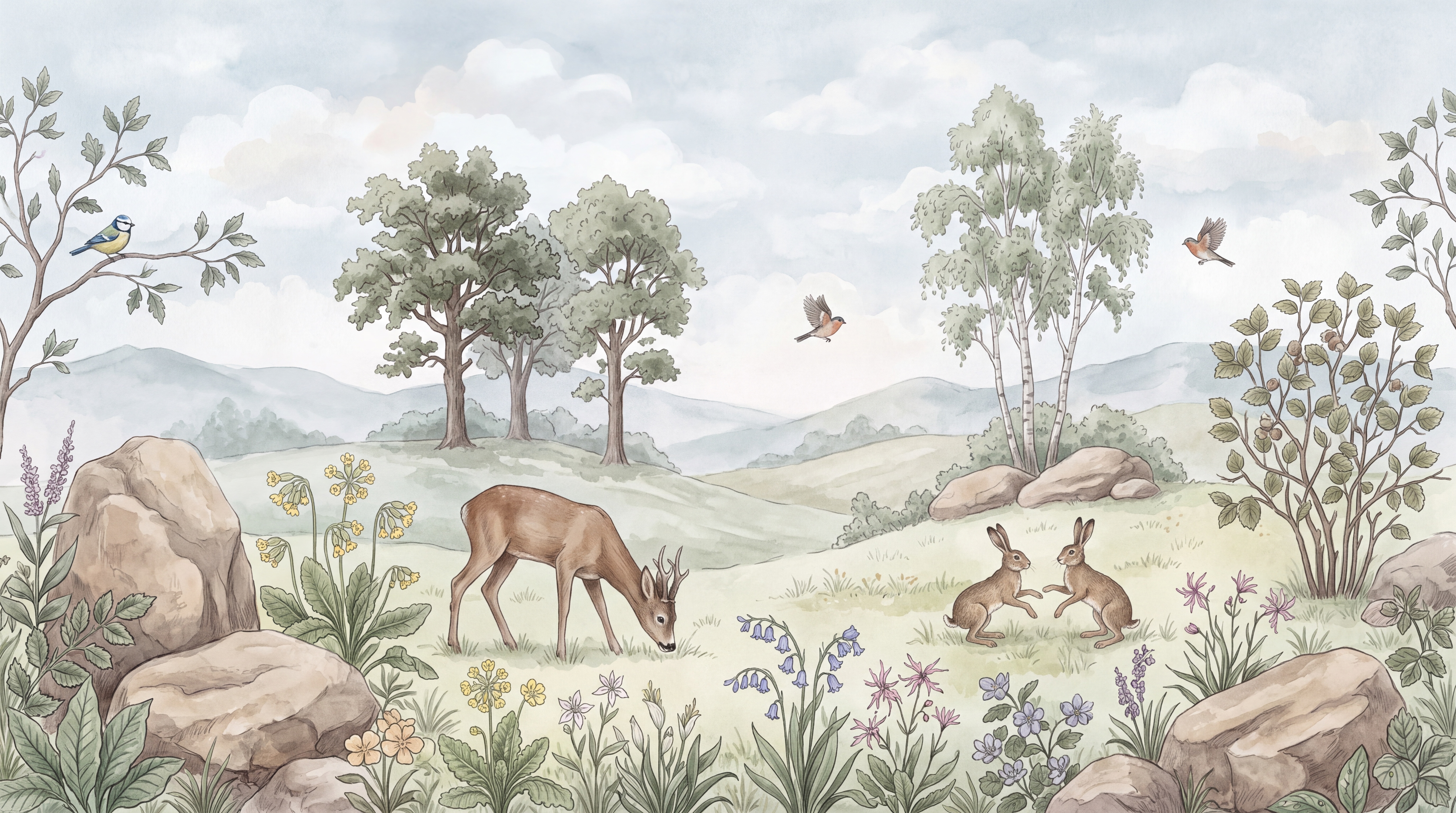 Sage Deer Illustrated Decorative Wallpaper Mural Nursery-wallpaper-murals, Peel-and-stick Finish