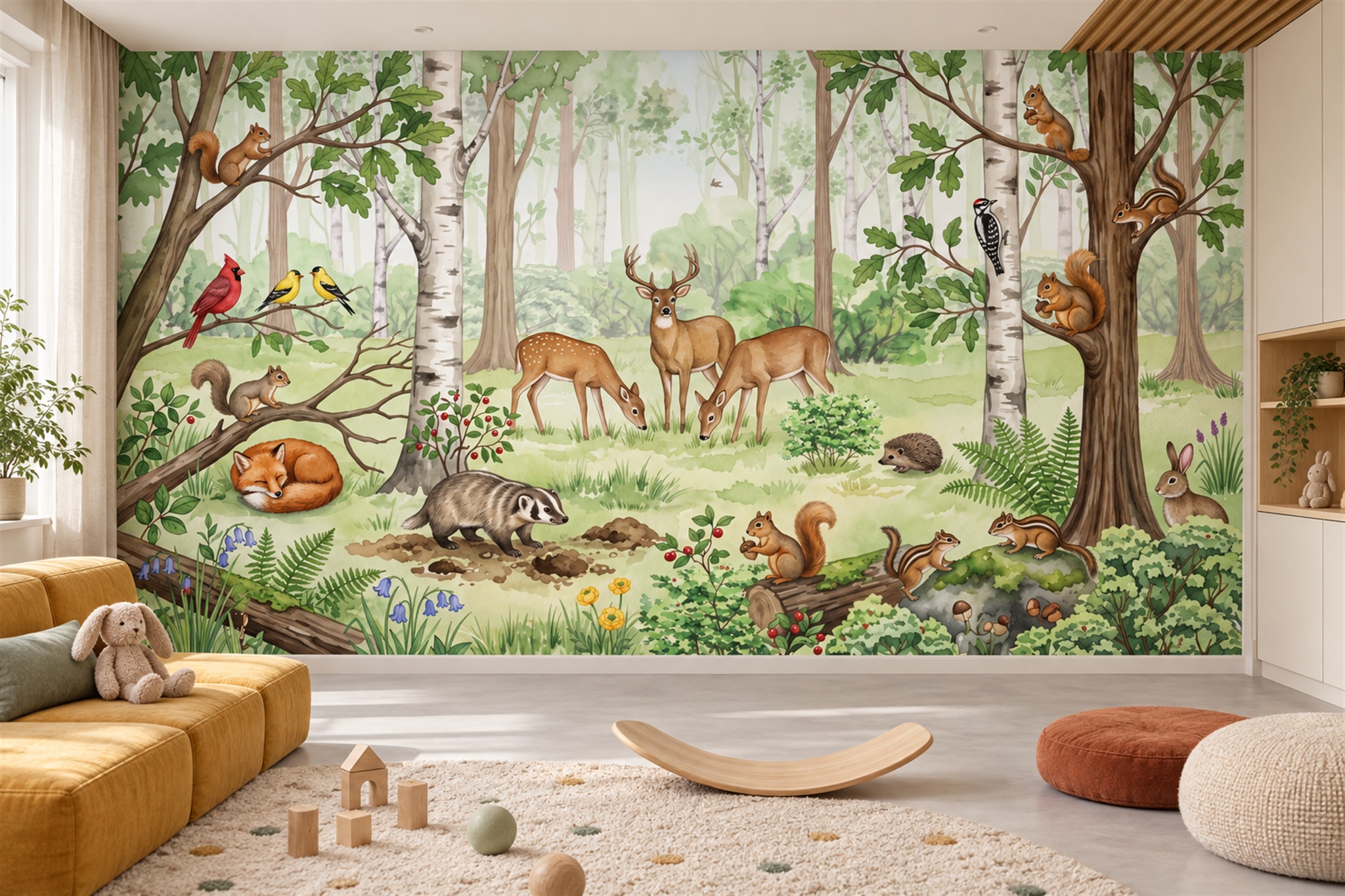 Green Animal Illustrated Wallpaper Mural Playroom-wallpaper-murals, Peel-and-stick Finish