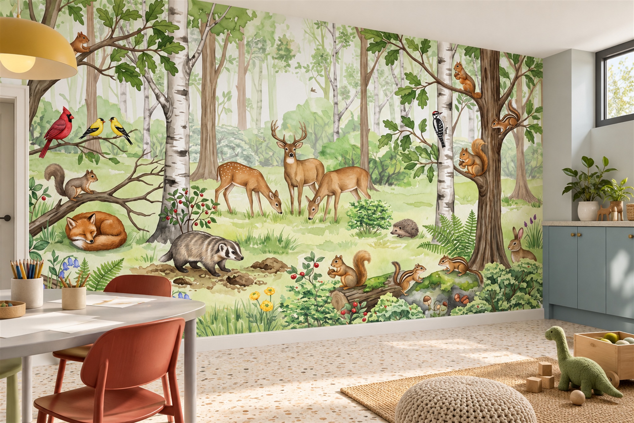Green Animal Illustrated Wallpaper Mural Accent-wall-wallpaper-murals, Peel-and-stick Finish