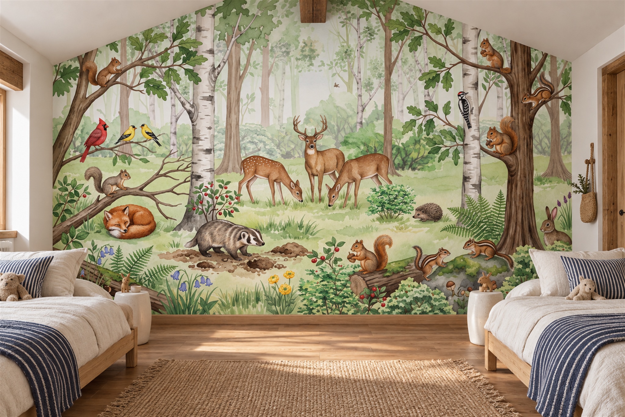 Woodland Animals Wallpaper Mural — Installed Wallpaper Mural In A Bedroom, Peel-and-stick Finish