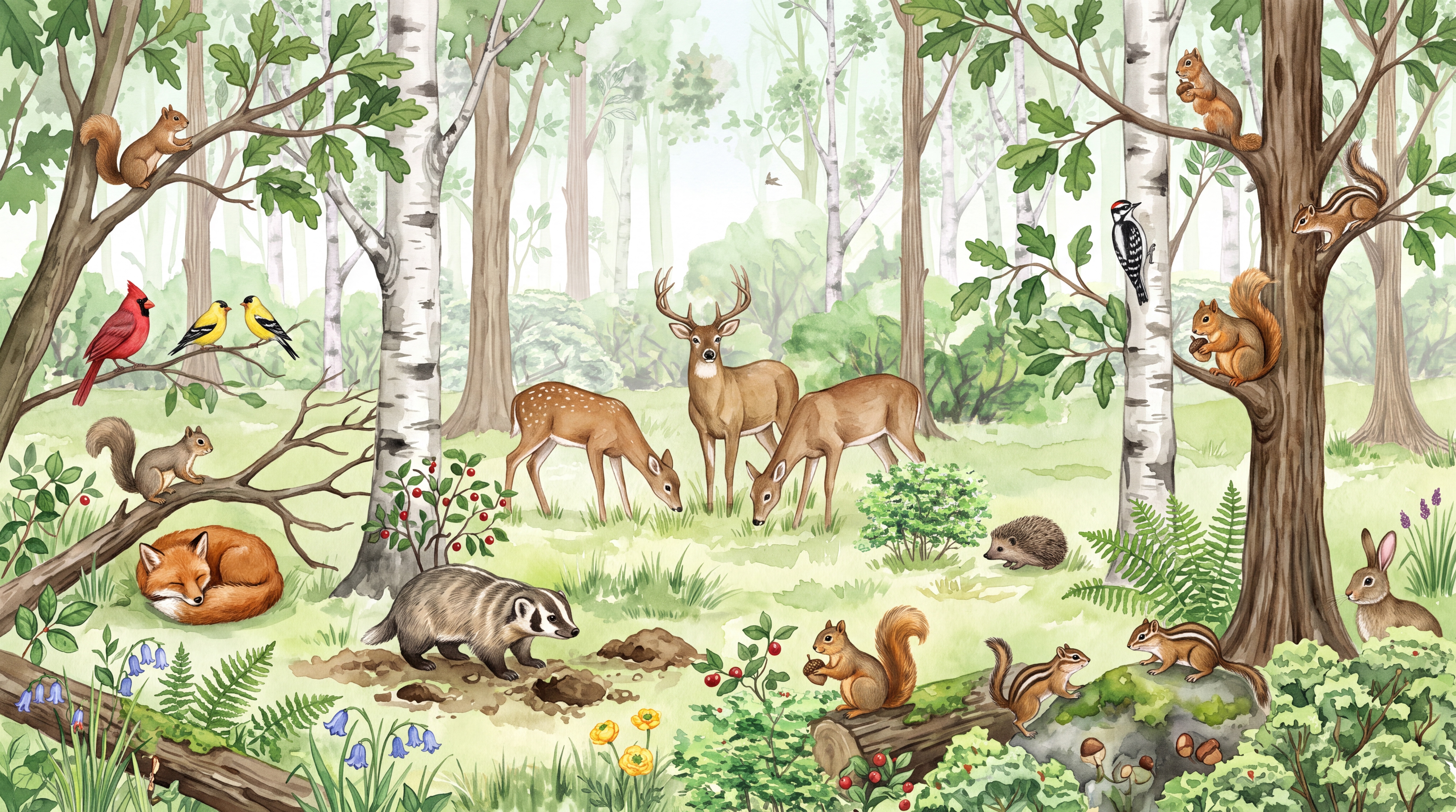 Green Animal Illustrated Wallpaper Mural Bedroom-wallpaper-murals, Peel-and-stick Finish