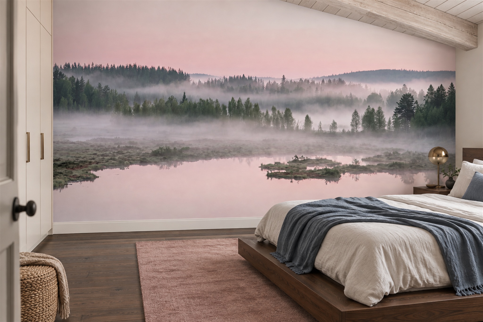 Pink Lake Scenic Wallpaper Mural Bedroom-wallpaper-murals, Peel-and-stick Finish