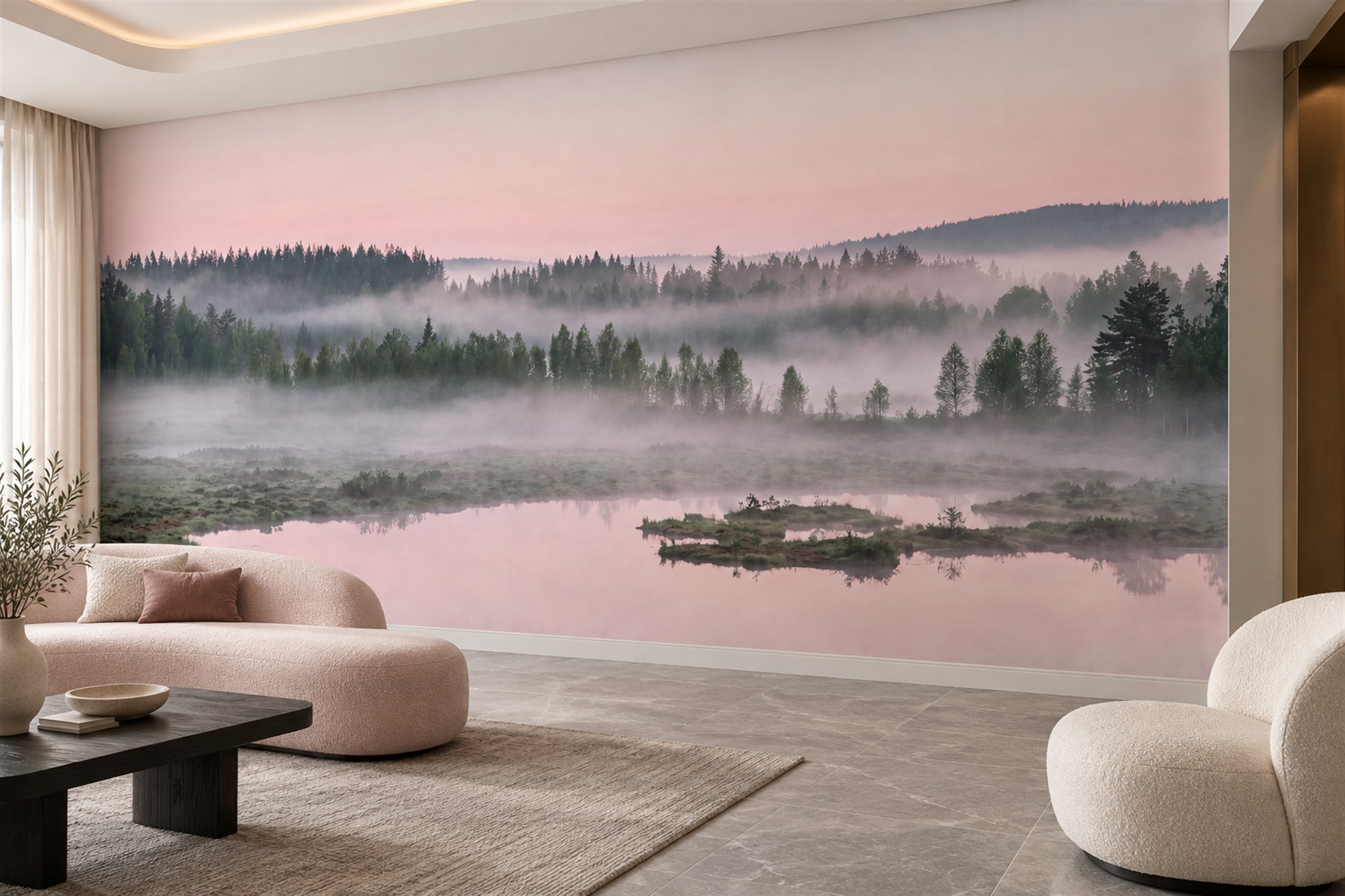 Pink Misty Lake Landscape Wallpaper Mural — Wallpaper Mural Design, Peel-and-stick Finish