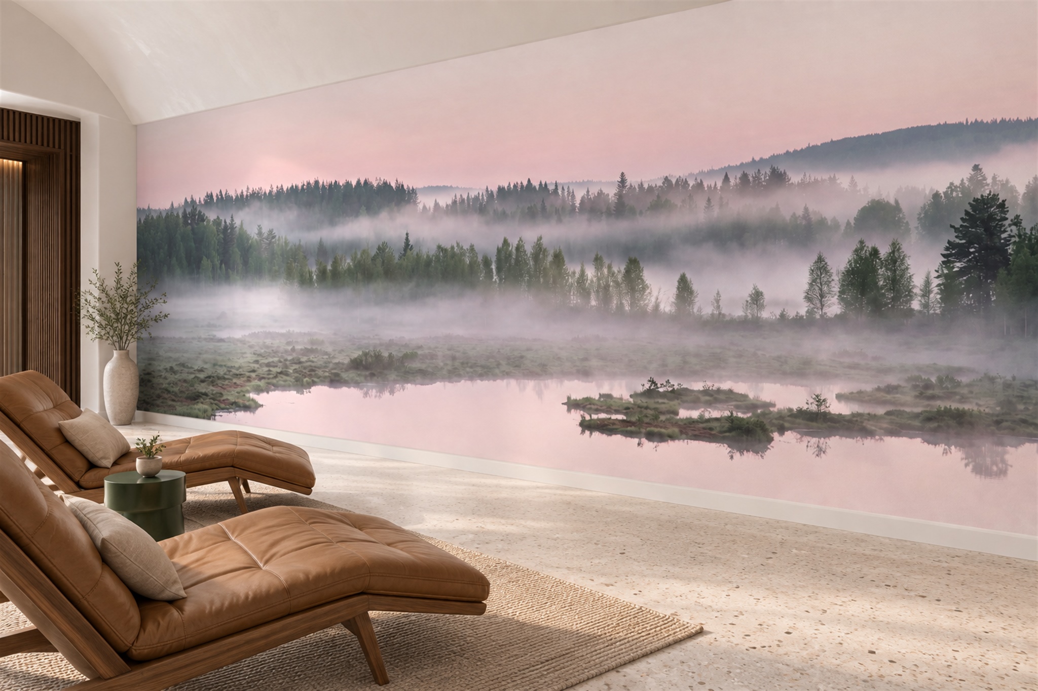 Pink Lake Scenic Wallpaper Mural Living-room-wallpaper-murals, Shown In A Living Room, Peel-and-stick Finish