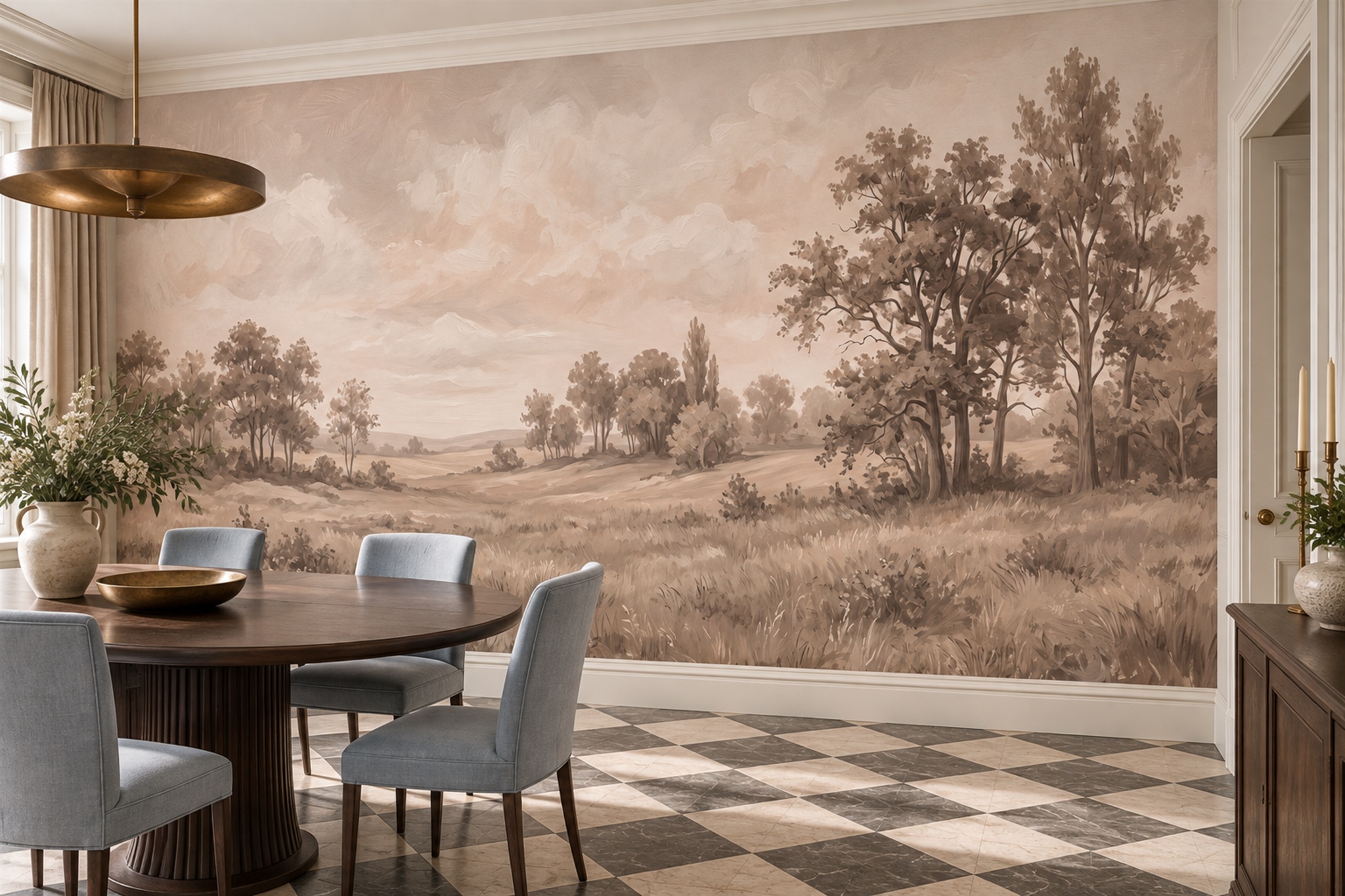 Sepia Meadow Scenic Decorative Wallpaper Mural Dining-room-wallpaper-murals, Shown In A Dining Room, Peel-and-stick Finish