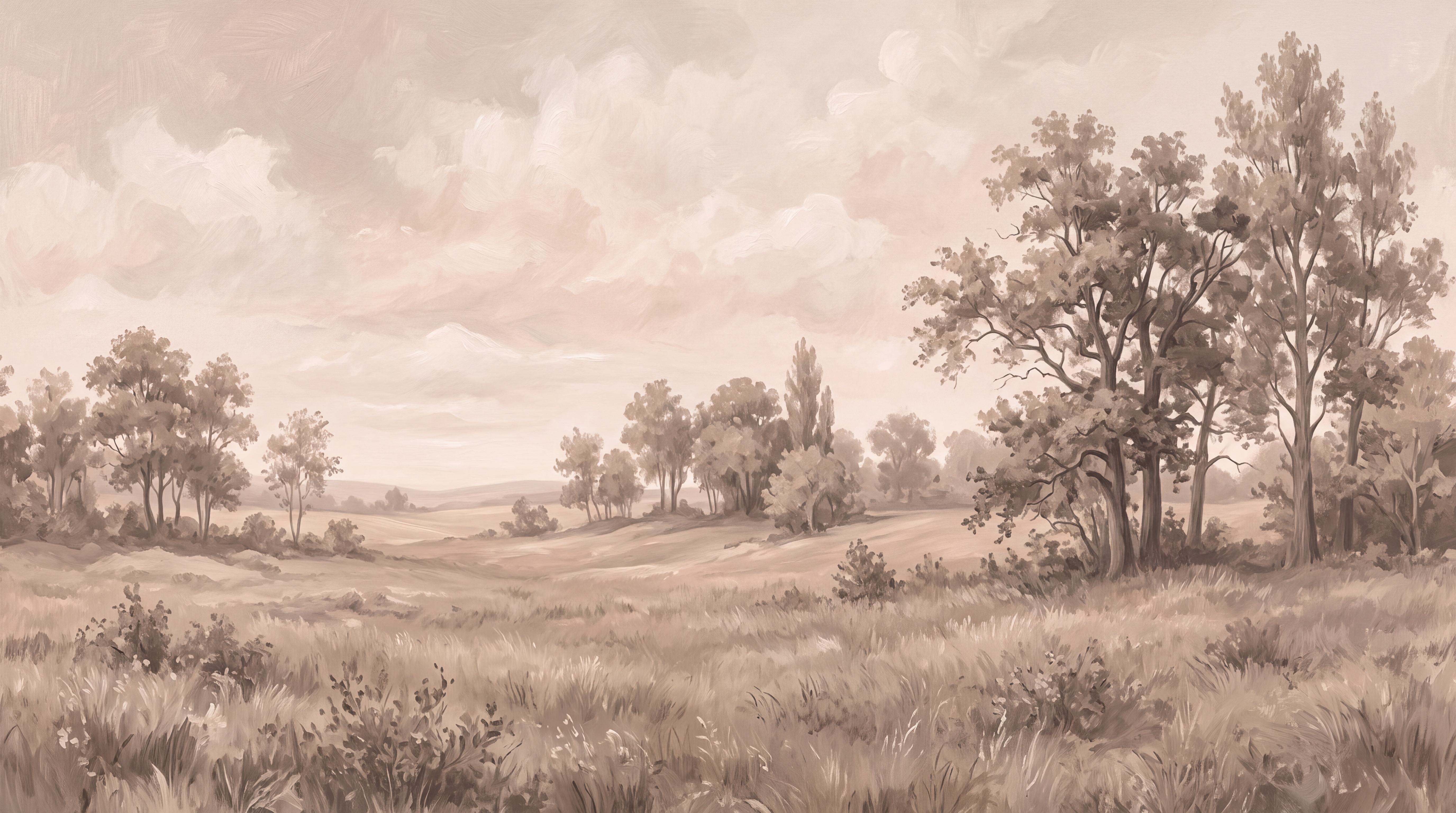 Sepia Meadow Scenic Decorative Wallpaper Mural Bedroom-wallpaper-murals, Peel-and-stick Finish