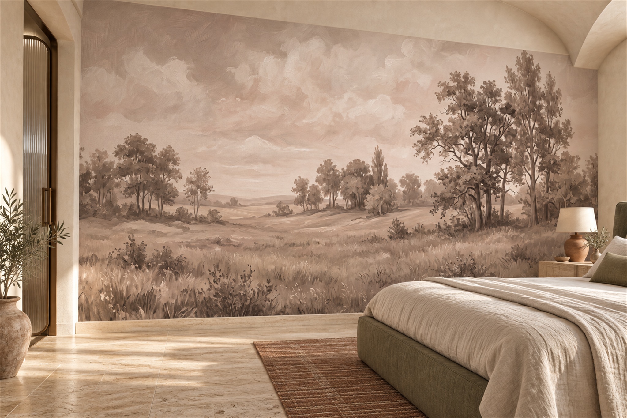 Sepia Open Meadow And Tree Landscape Wallpaper Mural — Installed Wallpaper Mural In A Bedroom, Peel-and-stick Finish