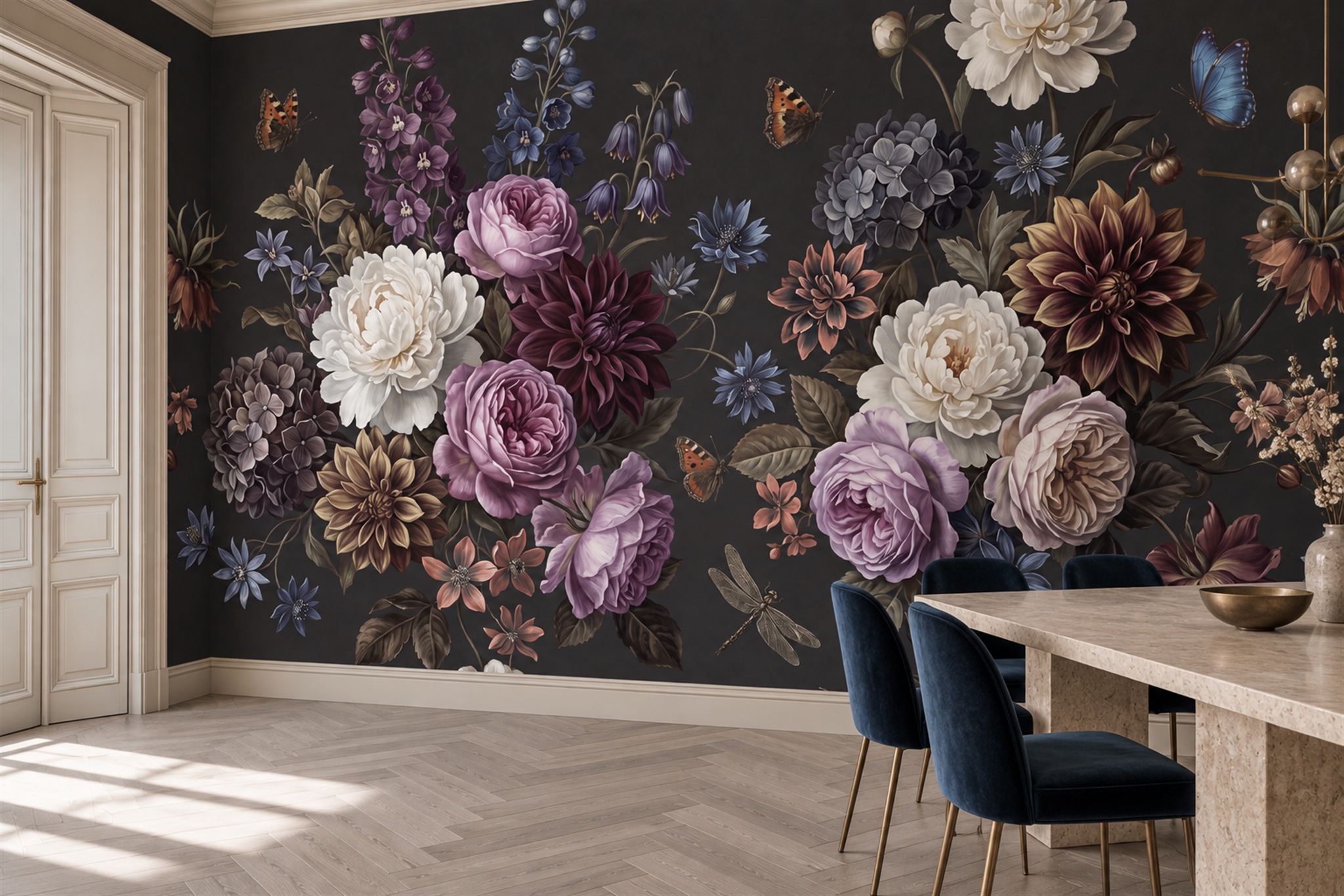 Purple Rose Botanical Wallpaper Mural Dining-room-wallpaper-murals, Peel-and-stick Finish