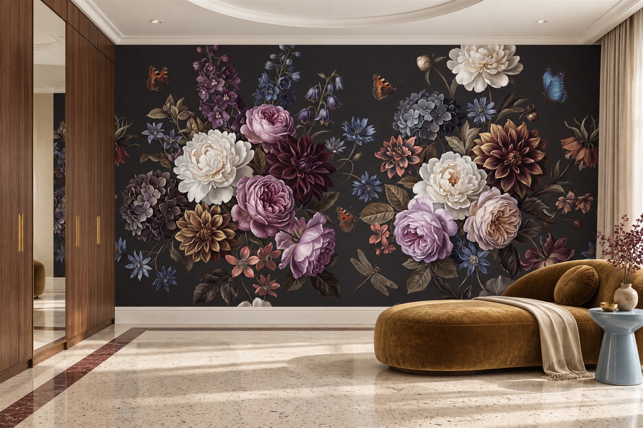 Dark Garden Of Multicoloured Flowers And Butterflies Wallpaper Mural — Wallpaper Mural Design, Peel-and-stick Finish