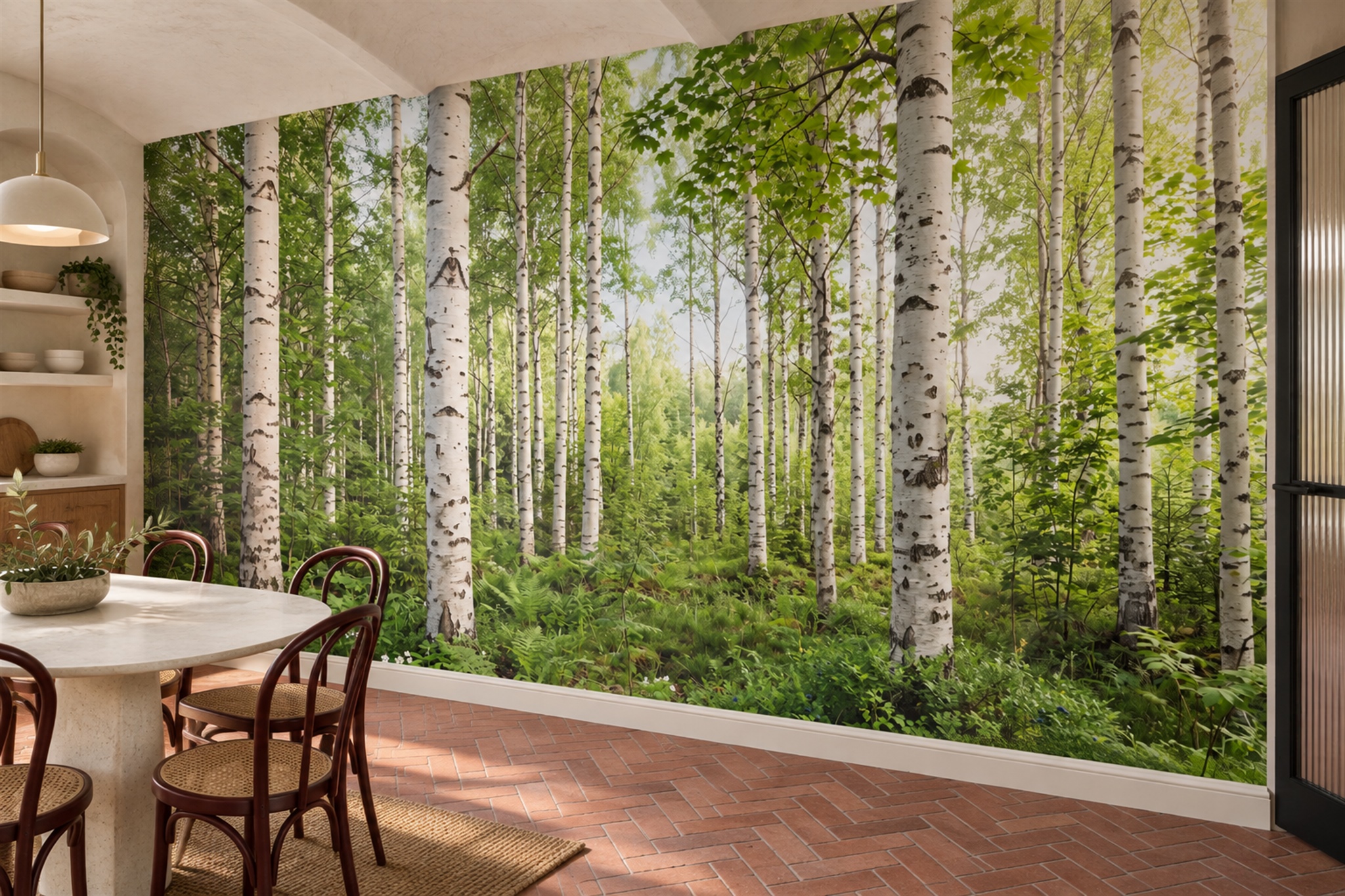 Green Birch Scenic Decorative Wallpaper Mural Dining-room-wallpaper-murals, Shown In A Dining Room, Peel-and-stick Finish