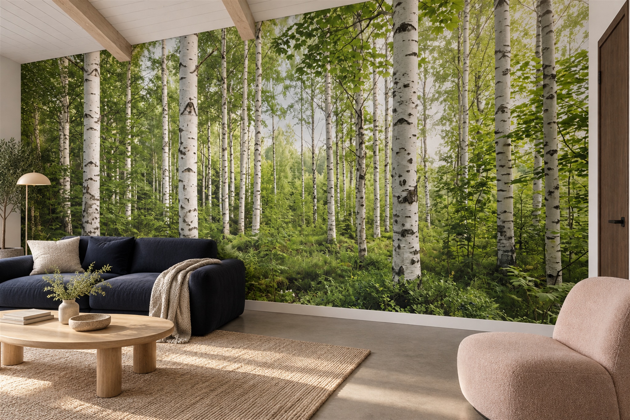 Bright green birch grove mural behind a navy sofa and pale timber coffee table