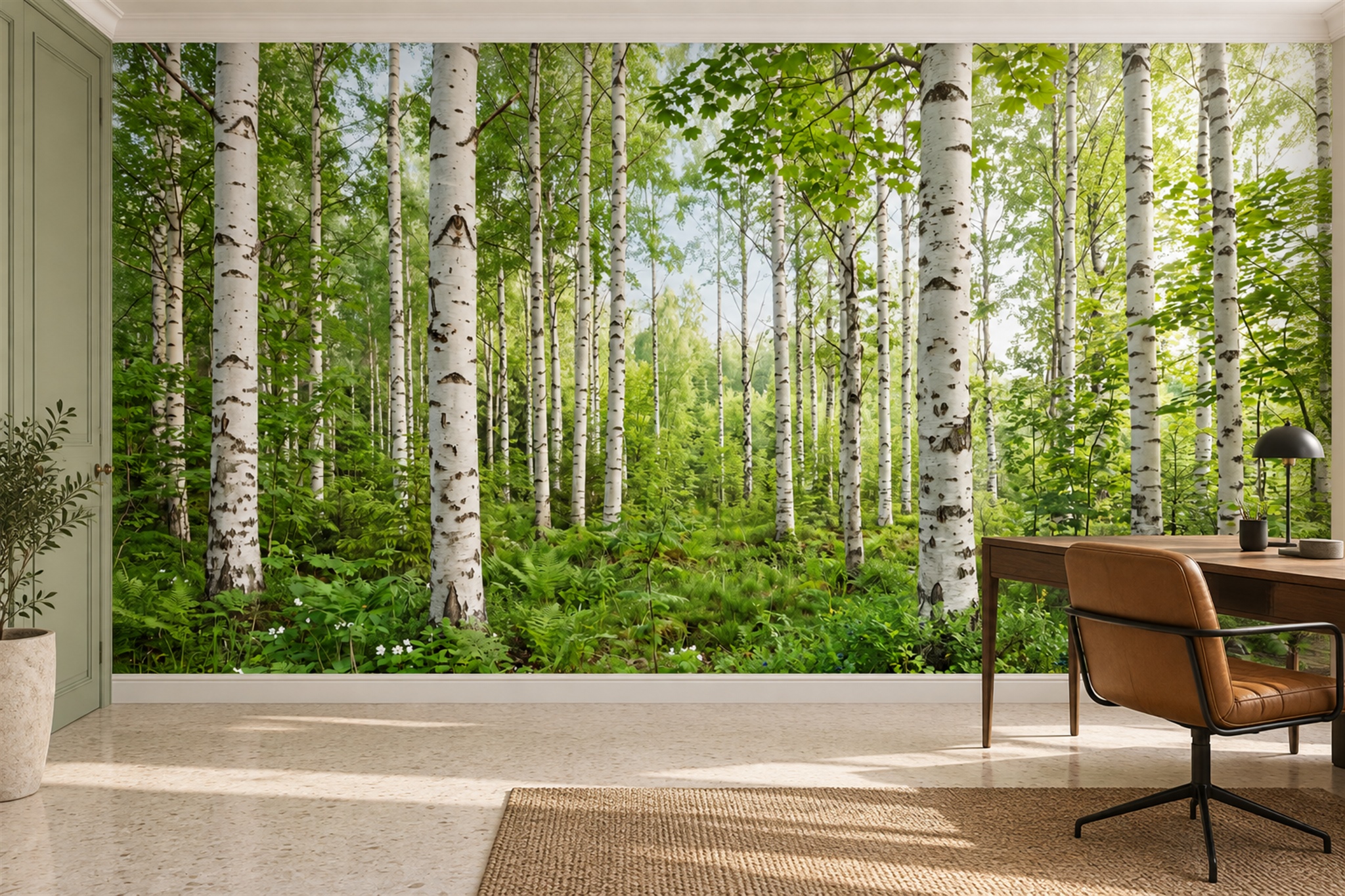 Sunlit Green Birch Forest Wallpaper Mural — Wallpaper Mural Design, Peel-and-stick Finish