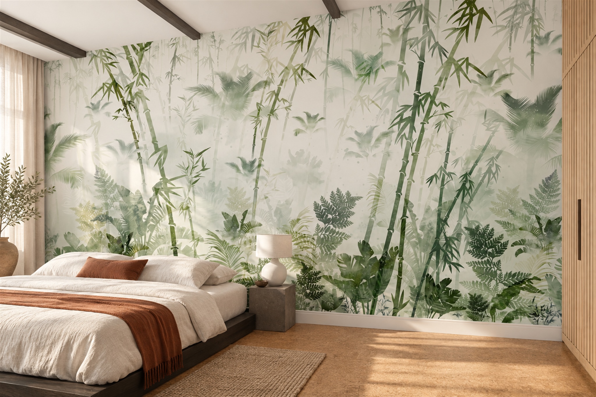 Green Bamboo Stalks And Leaves Wallpaper Mural — Installed Wallpaper Mural In A Bedroom, Peel-and-stick Finish