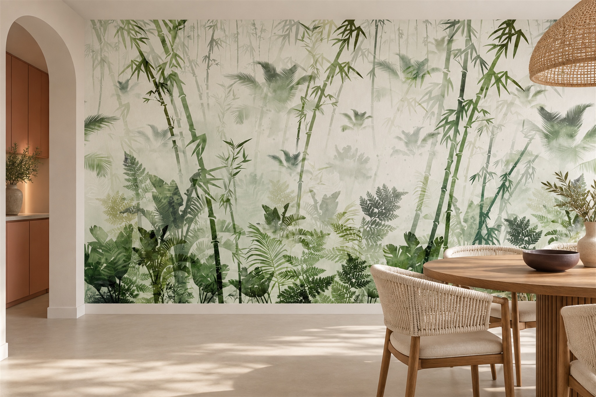 Green Pattern Decorative Bamboo Wallpaper Mural Dining-room-wallpaper-murals, Shown In A Dining Room, Peel-and-stick Finish