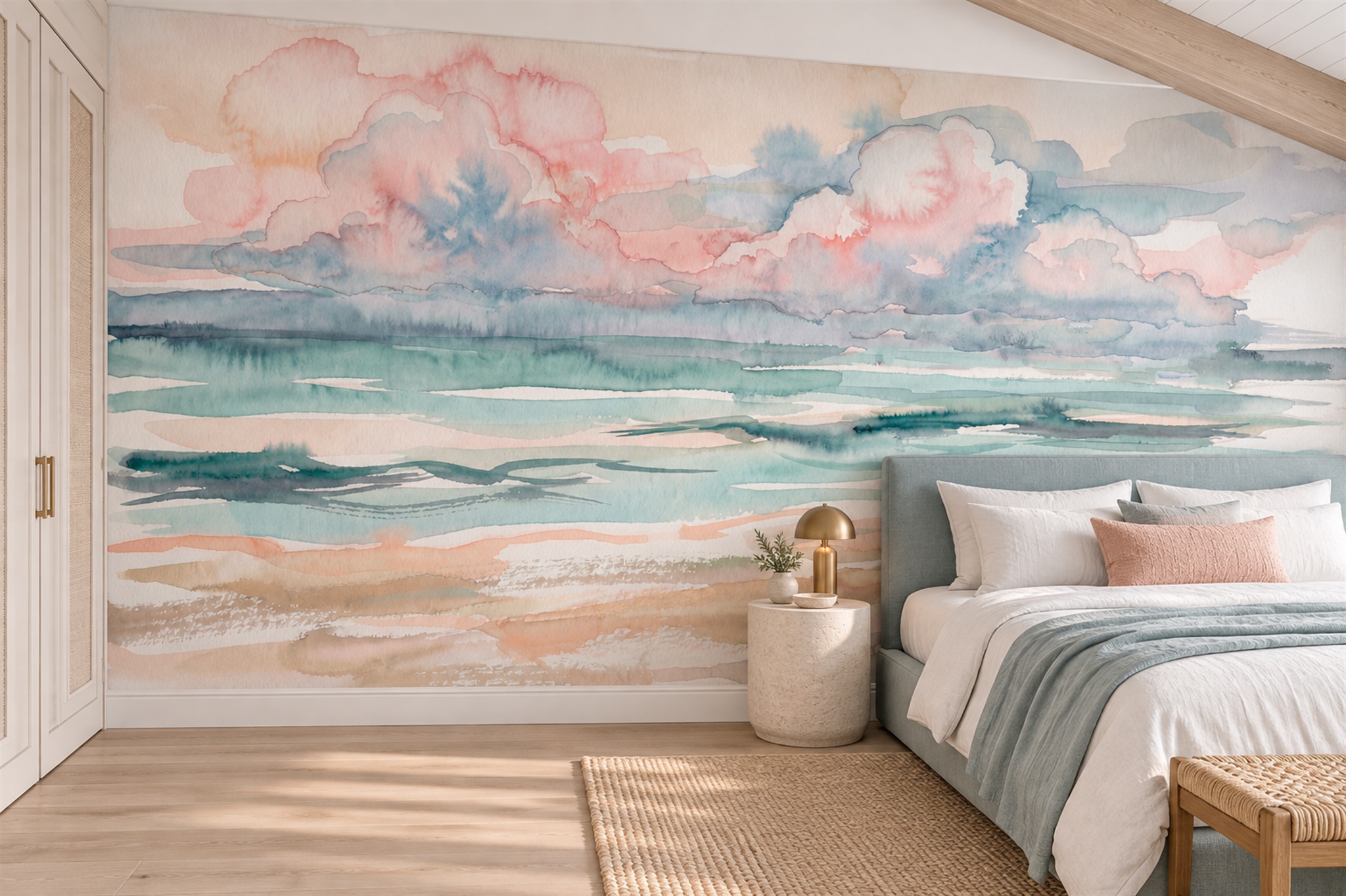 Pink Beach Scenic Wallpaper Mural Bedroom-wallpaper-murals, Peel-and-stick Finish